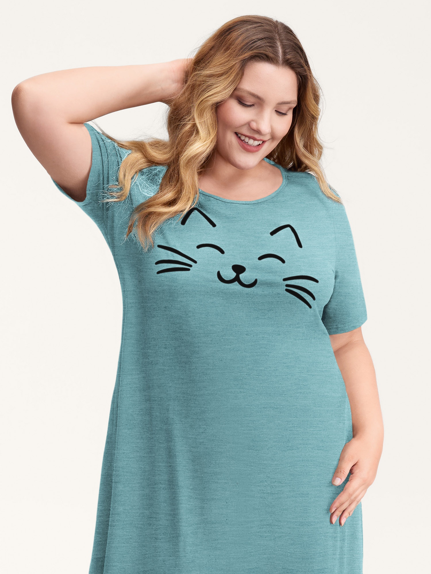 Side view of BloomChic Women's Plus Size Happy Cat Print Stretchy Contrast Nightgown Cerulean Short sleeve Round Neck 28/5X