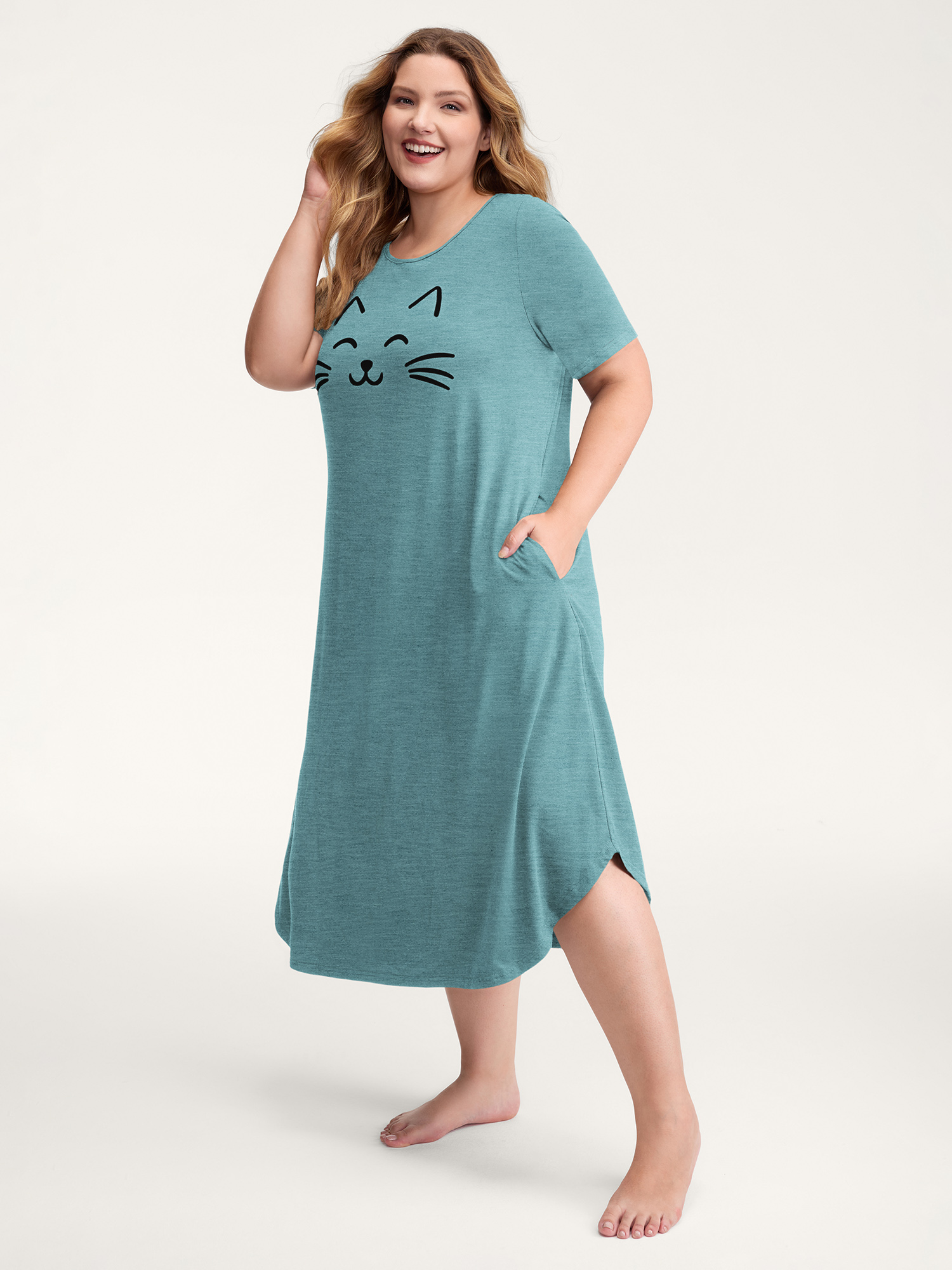 Side view of BloomChic Women's Plus Size Happy Cat Print Stretchy Contrast Nightgown Cerulean Short sleeve Round Neck 28/5X