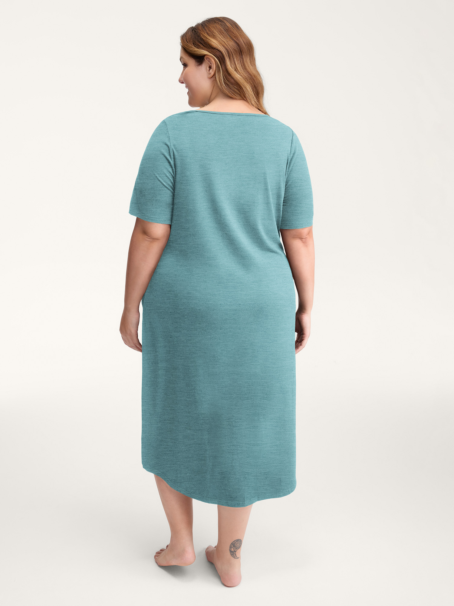 Side view of BloomChic Women's Plus Size Happy Cat Print Stretchy Contrast Nightgown Cerulean Short sleeve Round Neck 28/5X