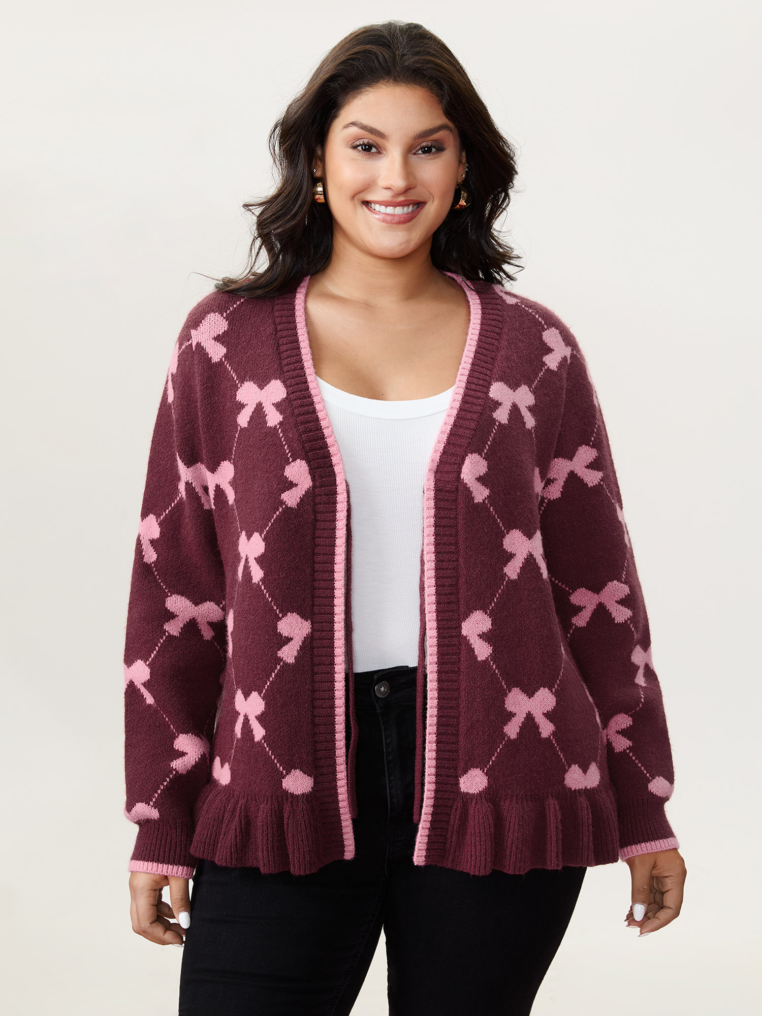 BloomChic Women's Plus Size Bow Beautiful Jacquard Front-Tie Knit Cardigan Burgundy Long Sleeve V-Neck 10/M