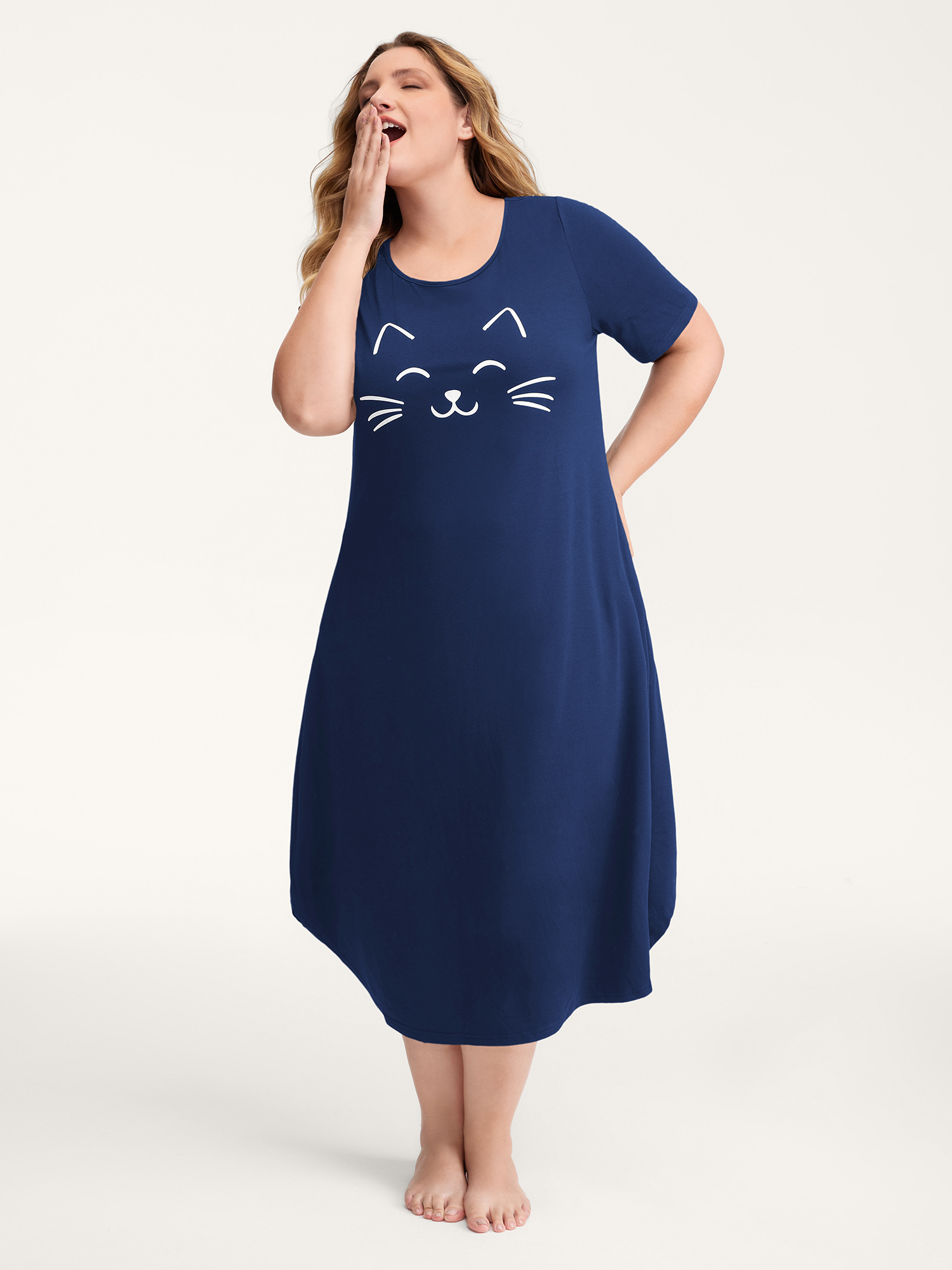 BloomChic Women's Plus Size Happy Cat Print Stretchy Contrast Nightgown DarkBlue Short sleeve Round Neck 12/L-image-47795554287786