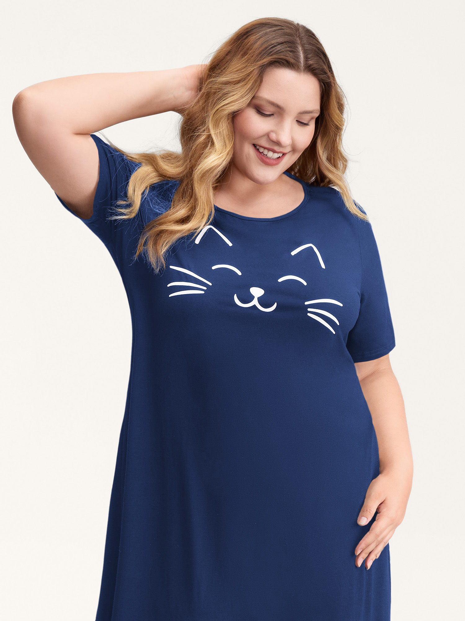 Side view of BloomChic Women's Plus Size Happy Cat Print Stretchy Contrast Nightgown DarkBlue Short sleeve Round Neck 28/5X