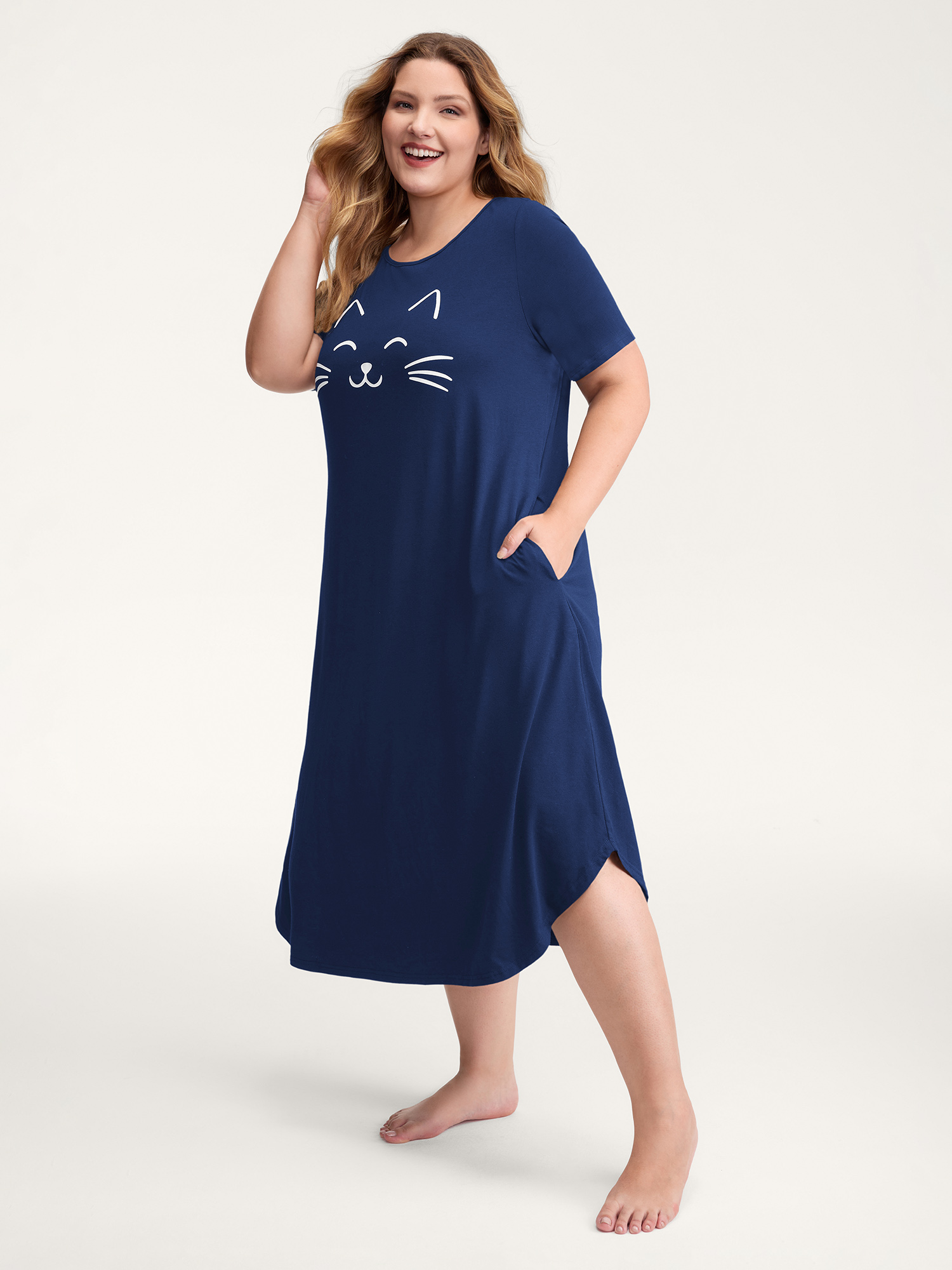 Side view of BloomChic Women's Plus Size Happy Cat Print Stretchy Contrast Nightgown DarkBlue Short sleeve Round Neck 28/5X