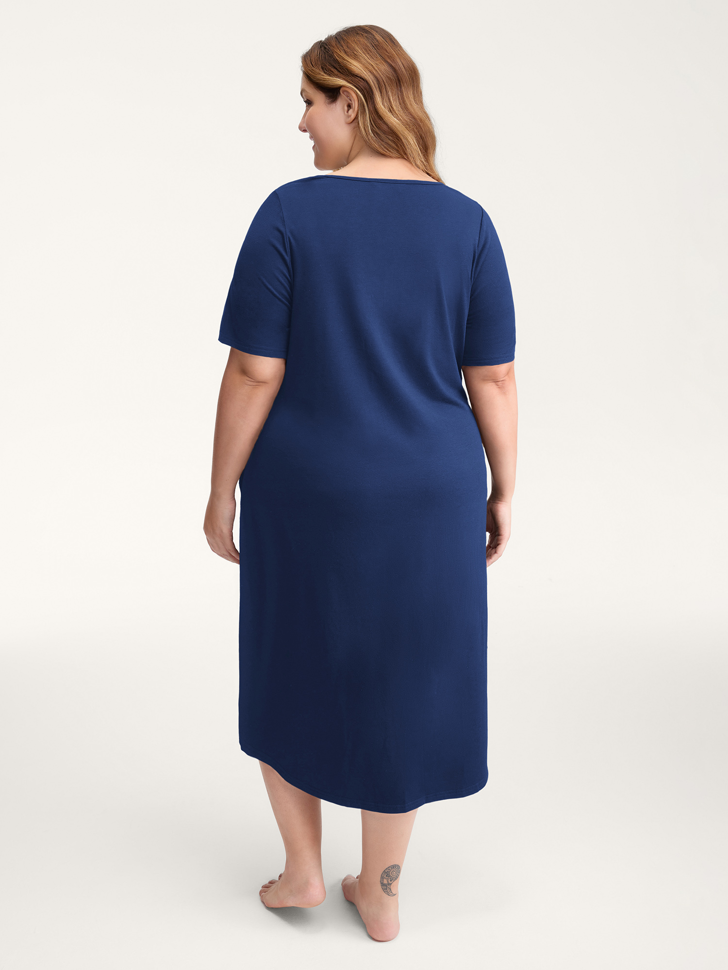 Side view of BloomChic Women's Plus Size Happy Cat Print Stretchy Contrast Nightgown DarkBlue Short sleeve Round Neck 28/5X