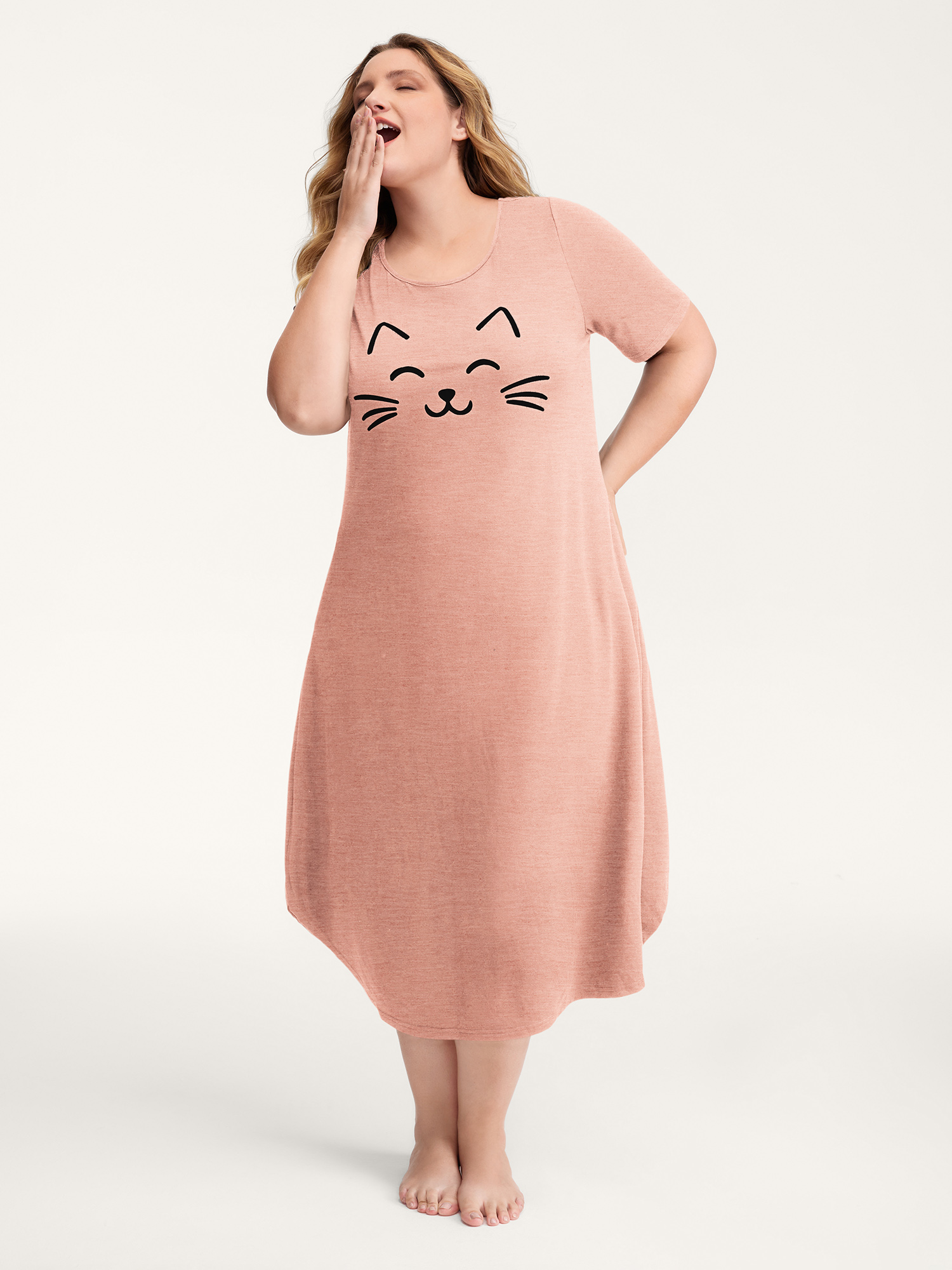 BloomChic Women's Plus Size Happy Cat Print Stretchy Contrast Nightgown Crepe Short sleeve Midi Round Neck 12/L-image-48122892255402