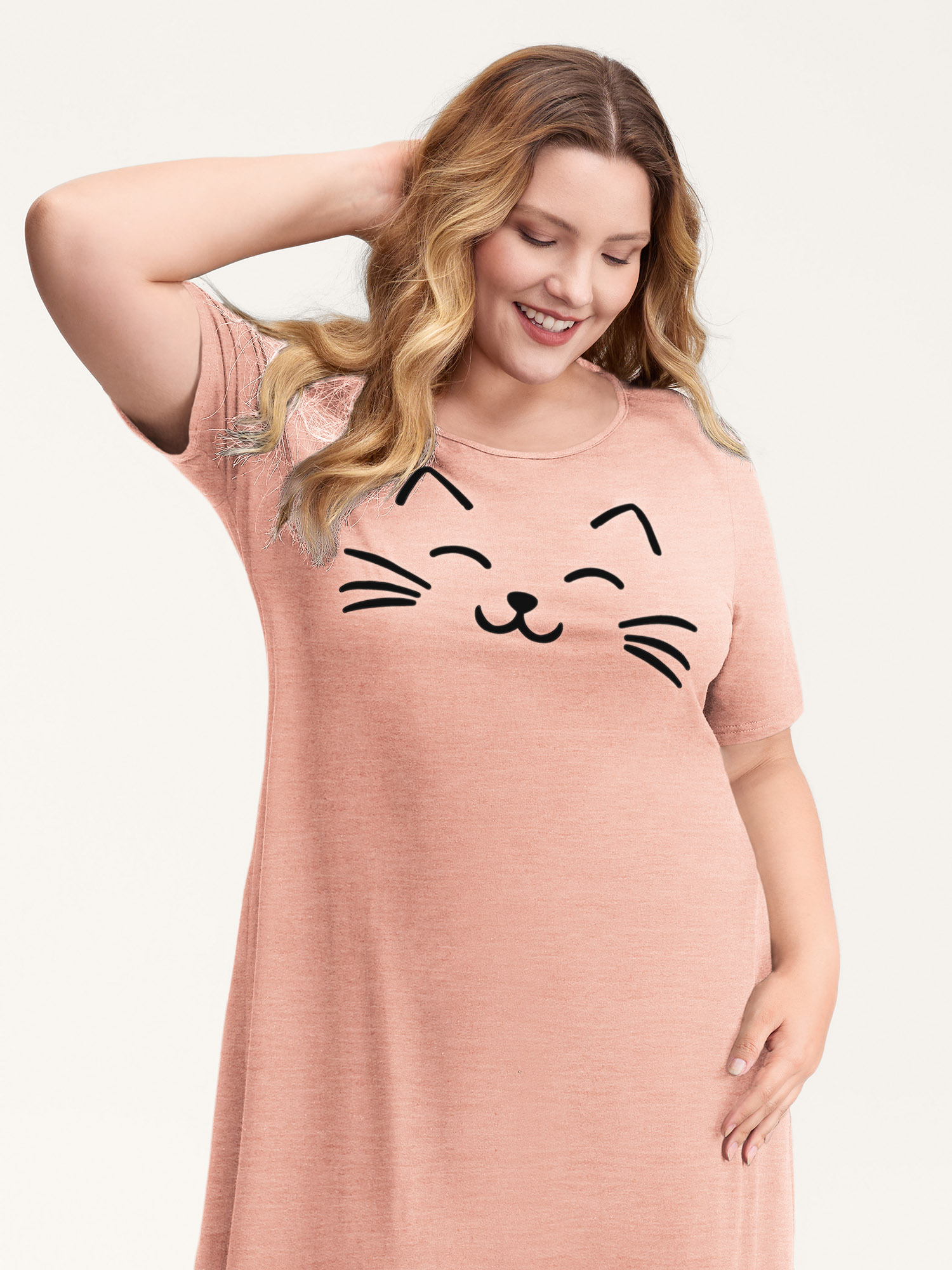 Side view of BloomChic Women's Plus Size Happy Cat Print Stretchy Contrast Nightgown Crepe Short sleeve Midi Round Neck 10/M