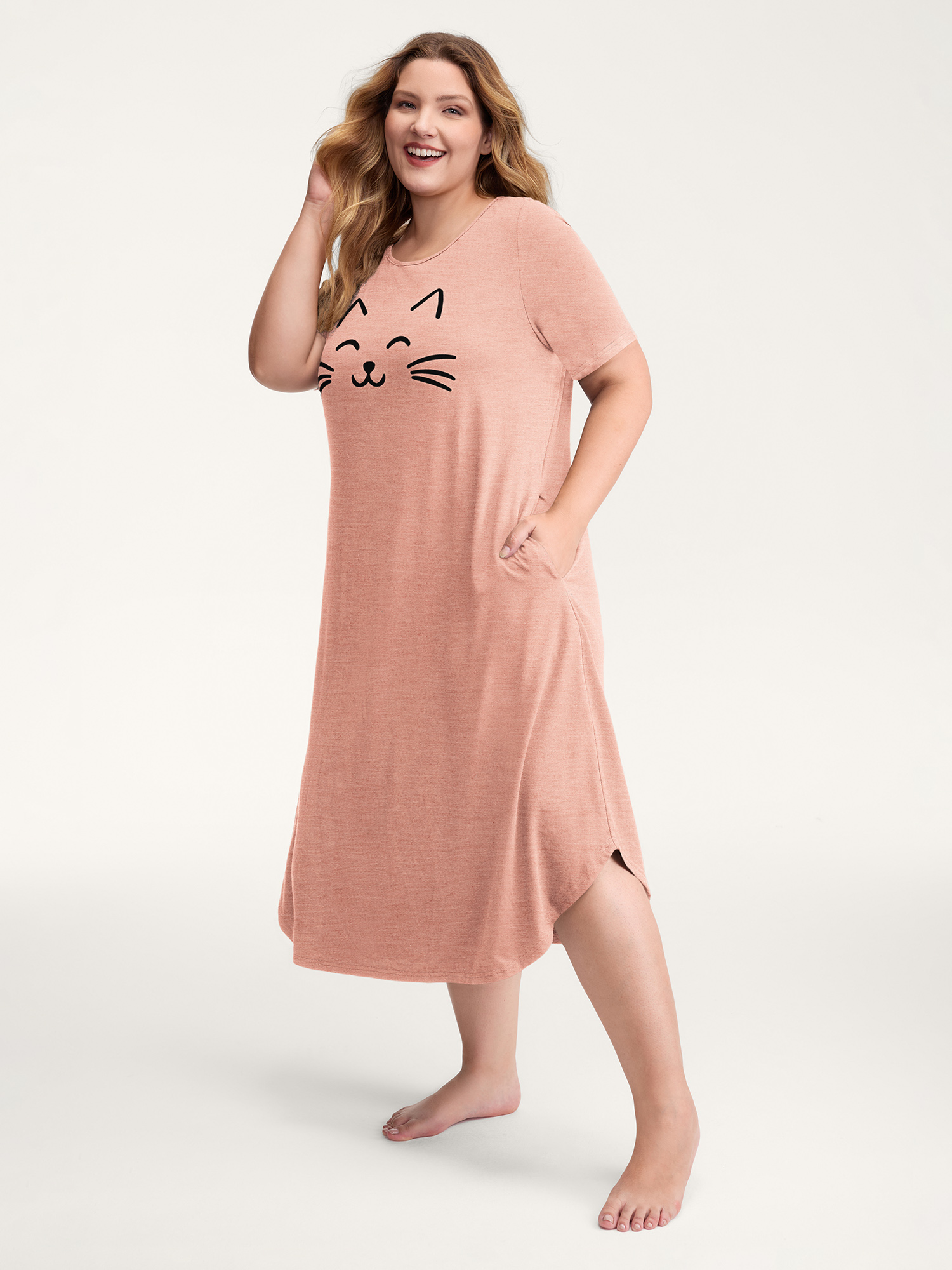 Side view of BloomChic Women's Plus Size Happy Cat Print Stretchy Contrast Nightgown Crepe Short sleeve Midi Round Neck 10/M