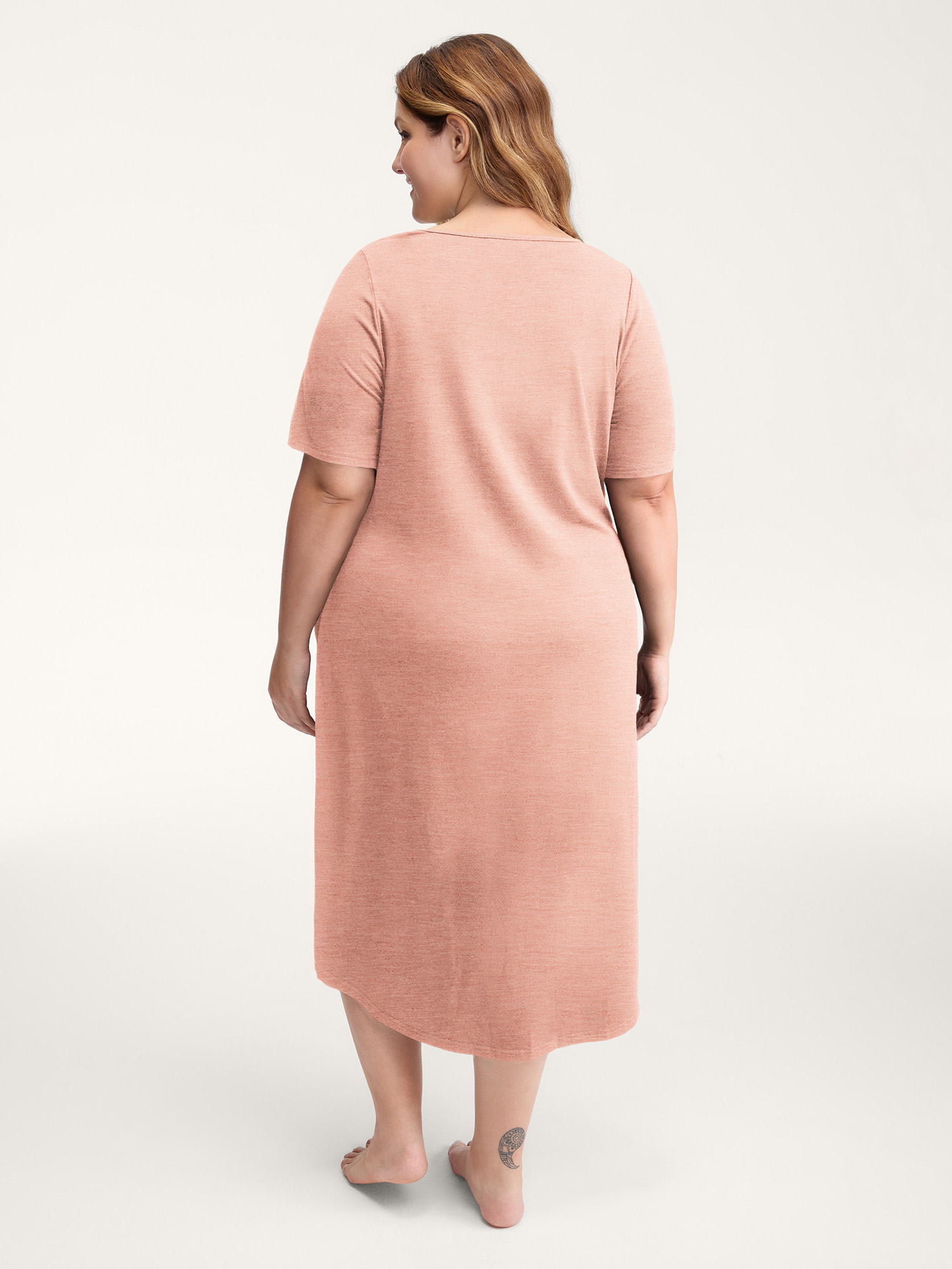 Side view of BloomChic Women's Plus Size Happy Cat Print Stretchy Contrast Nightgown Crepe Short sleeve Midi Round Neck 10/M