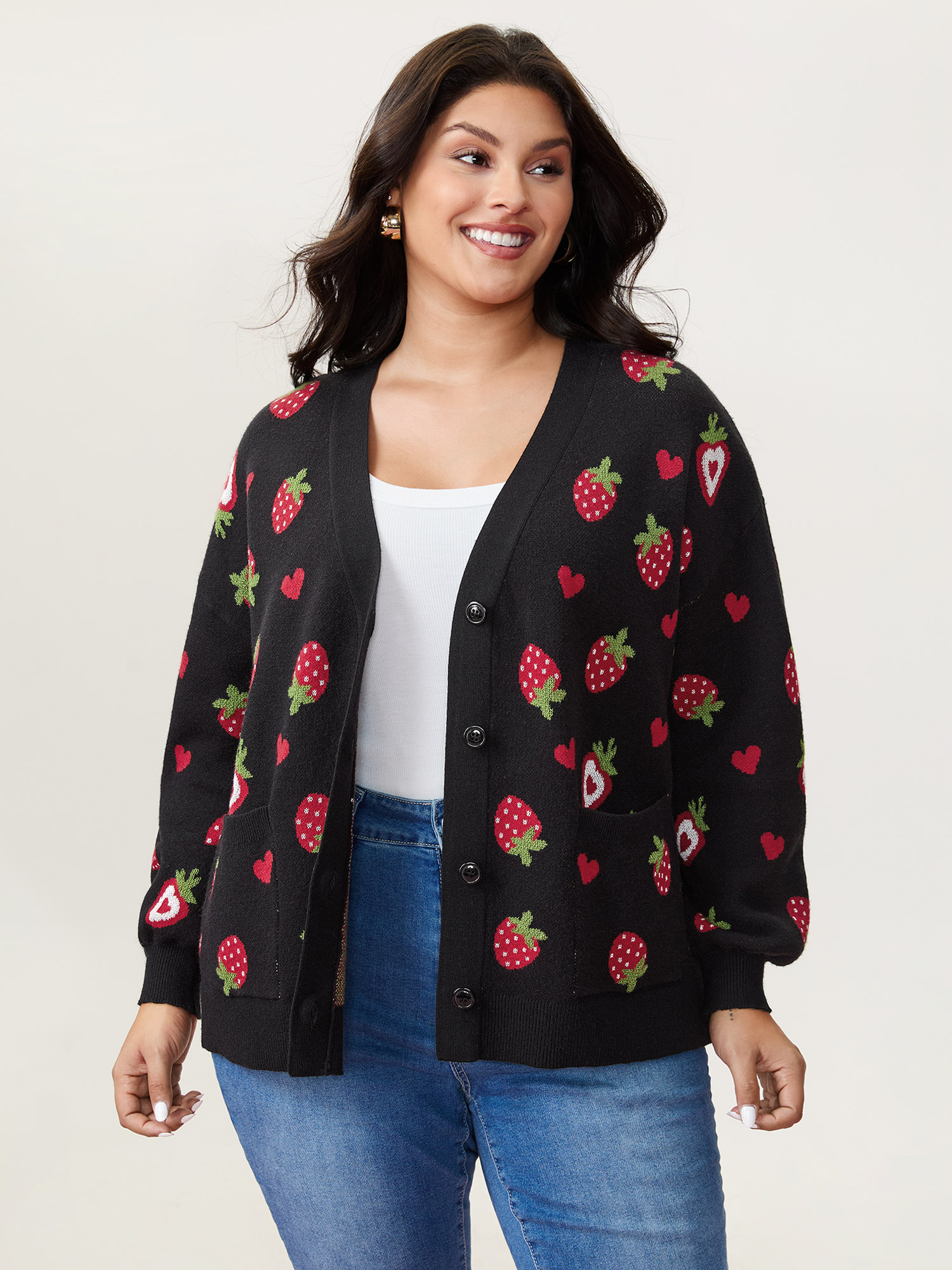 BloomChic Women's Plus Size Strawberry Jacquard Pattern Knit Cardigan Black Long Sleeve V-Neck 10/M