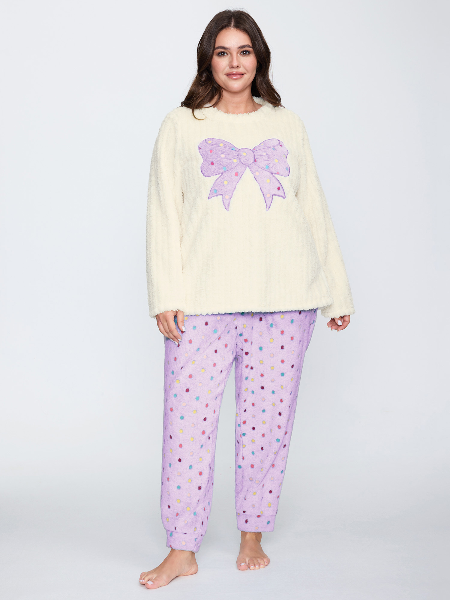 BloomChic Women's Plus Size Bow Beautiful Applique Embroidery Lounge Top Lilac Long Sleeve Round Neck 28/5X-image-47808352223402
