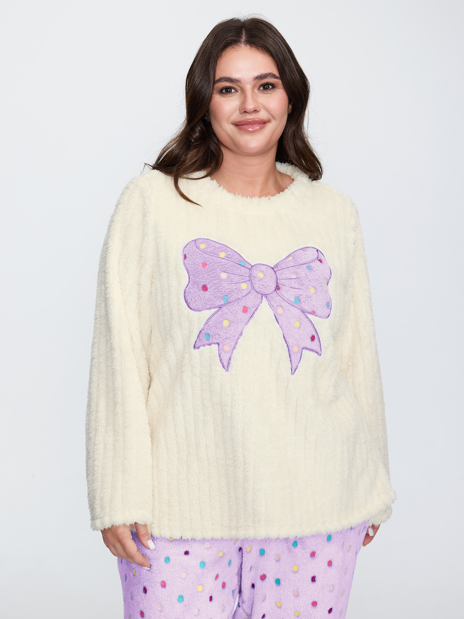Side view of BloomChic Women's Plus Size Bow Beautiful Applique Embroidery Lounge Top Lilac Long Sleeve Round Neck 22-24/3X