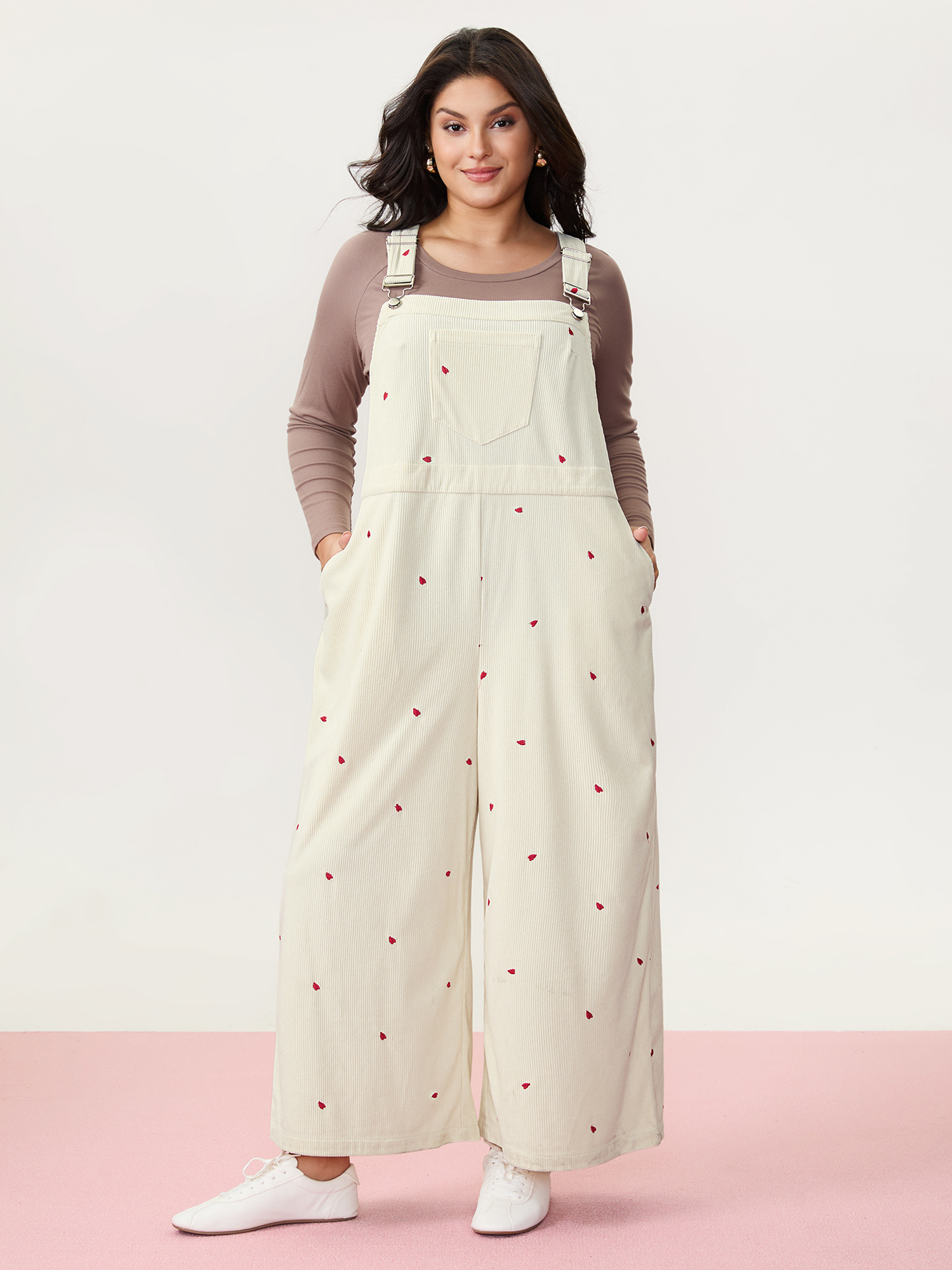 BloomChic Plus Size Tiny Heart Embroidery Overall Straps Jumpsuit - Curve Women's Whisper White Playsuit - Comfort Waist Fit Patch pocket Straight fit Jumpsuits 14/M