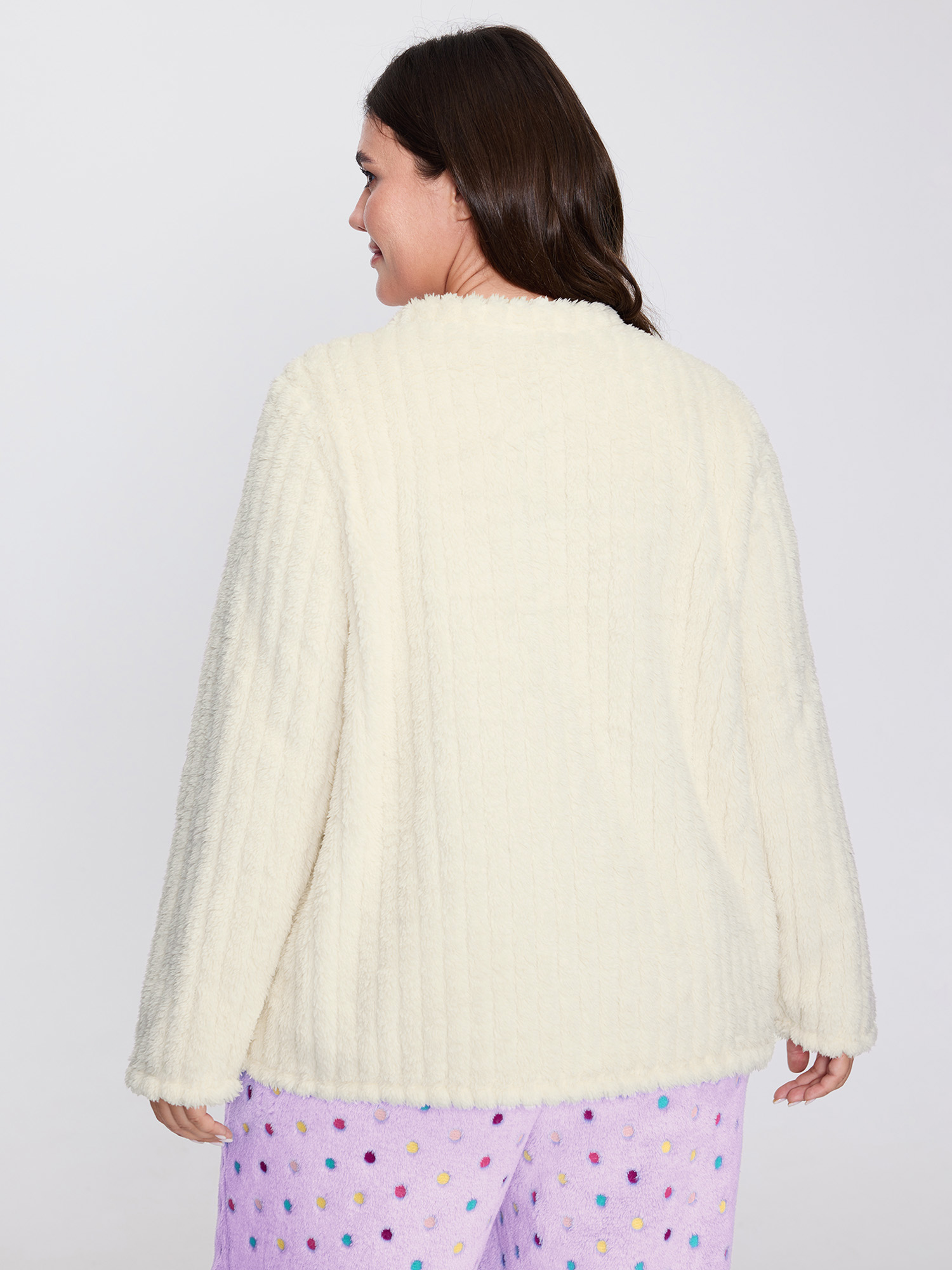 Side view of BloomChic Women's Plus Size Bow Beautiful Applique Embroidery Lounge Top Lilac Long Sleeve Round Neck 22-24/3X