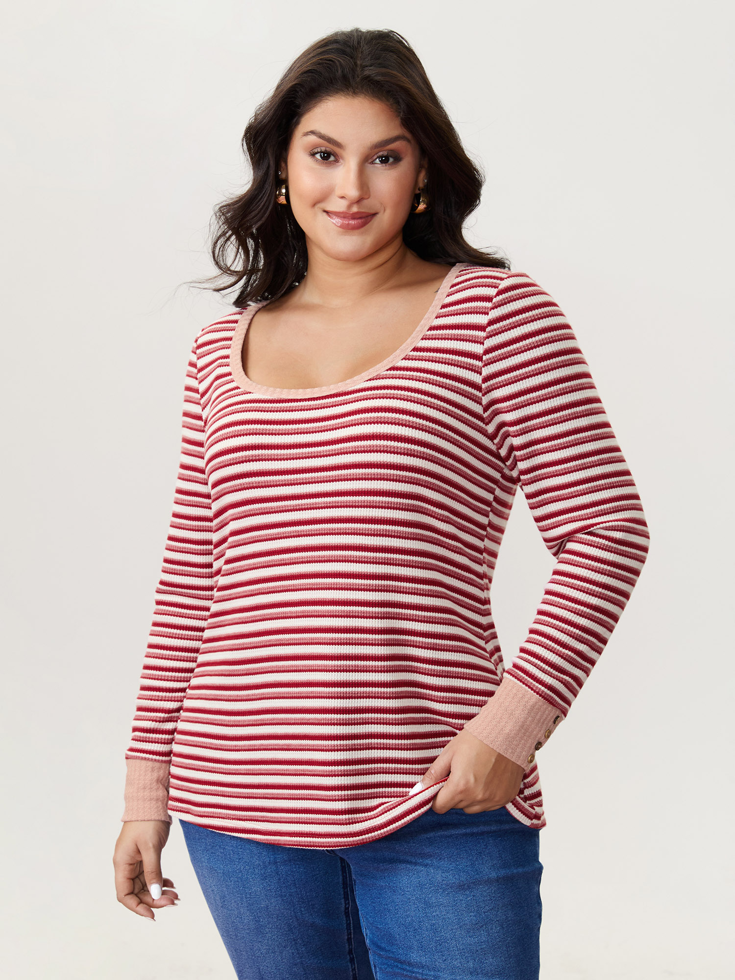 BloomChic Plus Size Striped Ribbed Scoop Button T-Shirt - Women's Raspberry Solid Round Neck Comfort Midsection Fit Long Sleeve Playful T-shirts 14/M