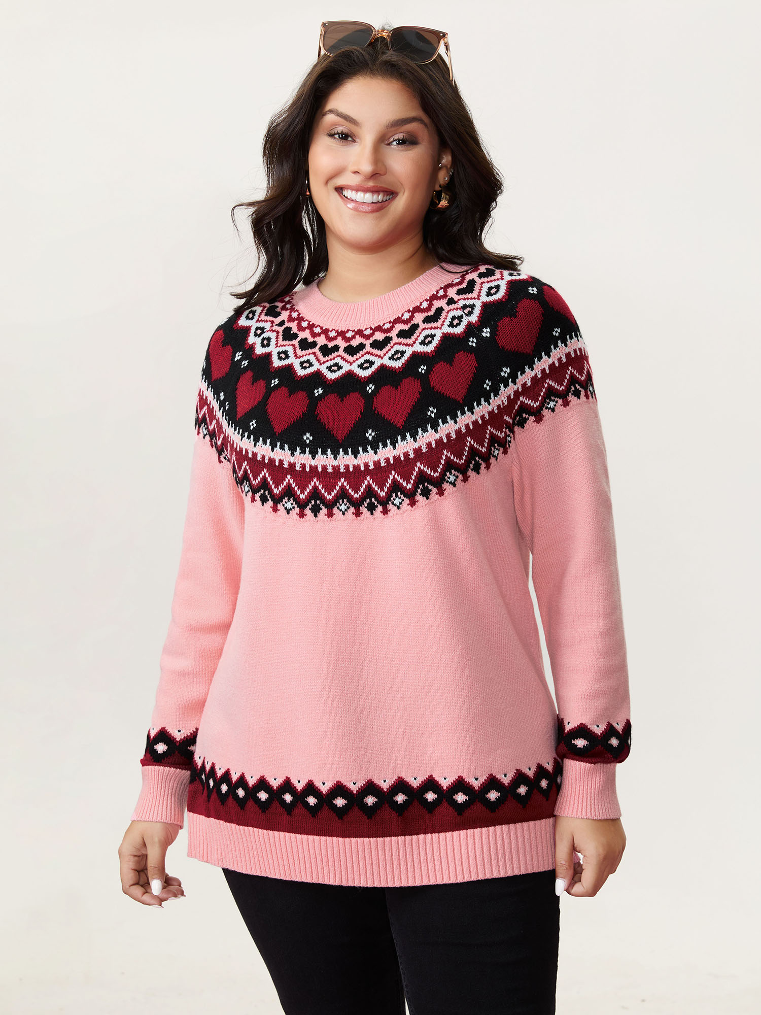 BloomChic Plus Size Fair-Isle Love Jacquard Pullover - Curve Women's Winter Round Neck Boxy Jacquard Crepe Raglan sleeve Pullovers 22-24/2X