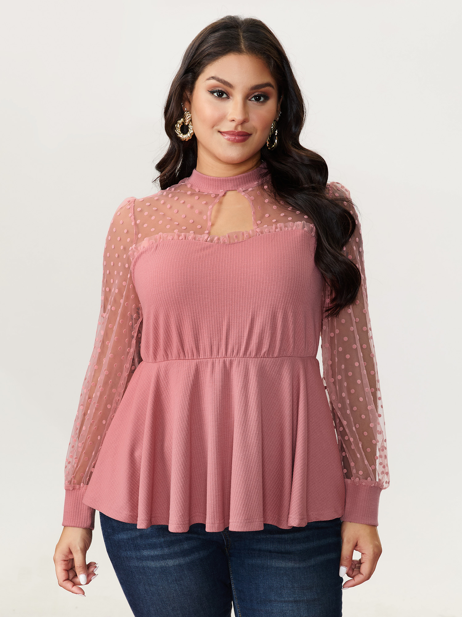 BloomChic Women's Plus Size Love Notes Sheer Sleeve Cut-Out Blouse Blush Synthetic texture Everyday-Elegant Long Sleeve 10/M