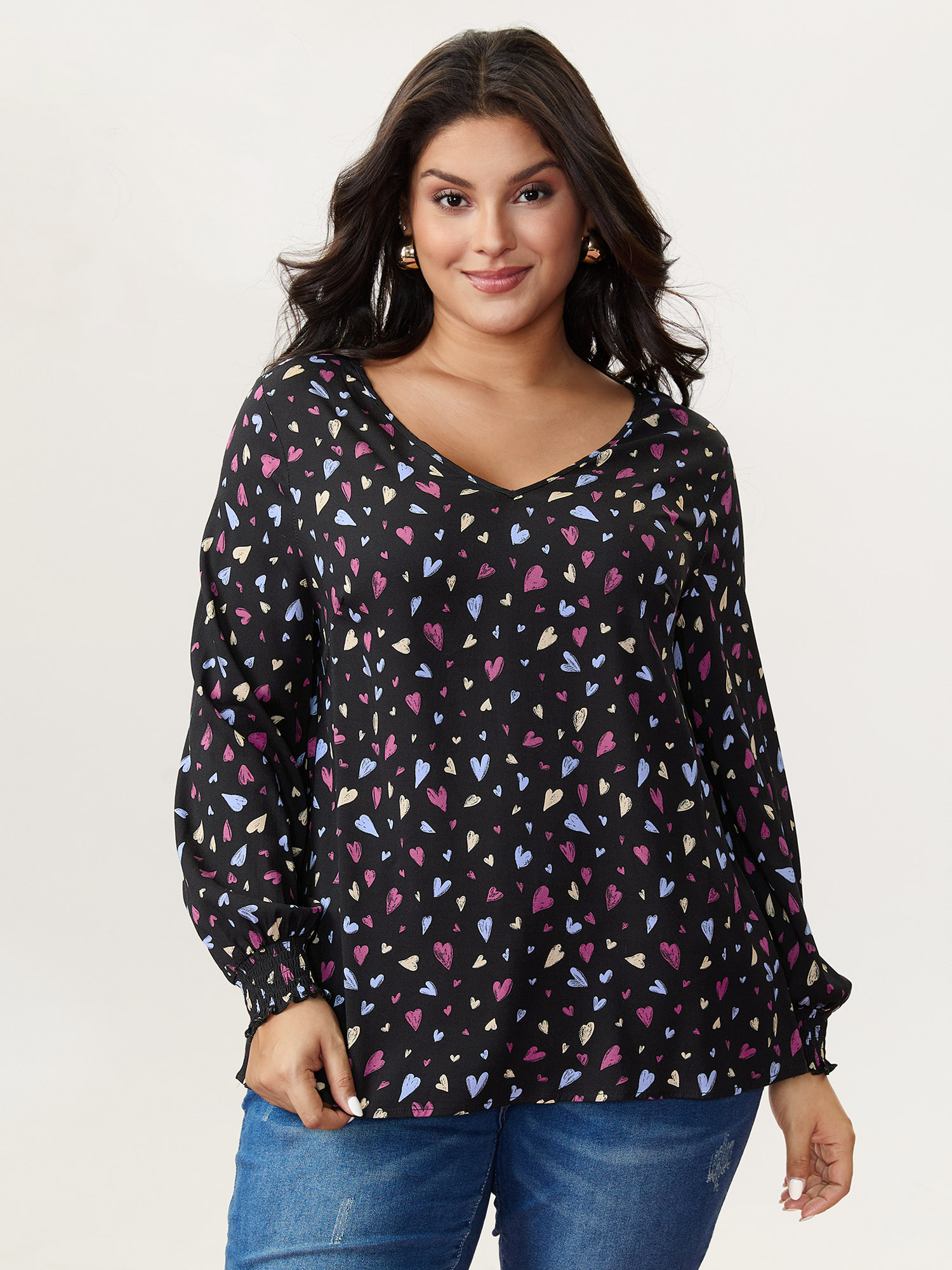 BloomChic Women's Plus Size Colorful Heart Print V-Neck Blouse BlackFlower Heart Everyday-Casual Long Sleeve V-Neck 10/M