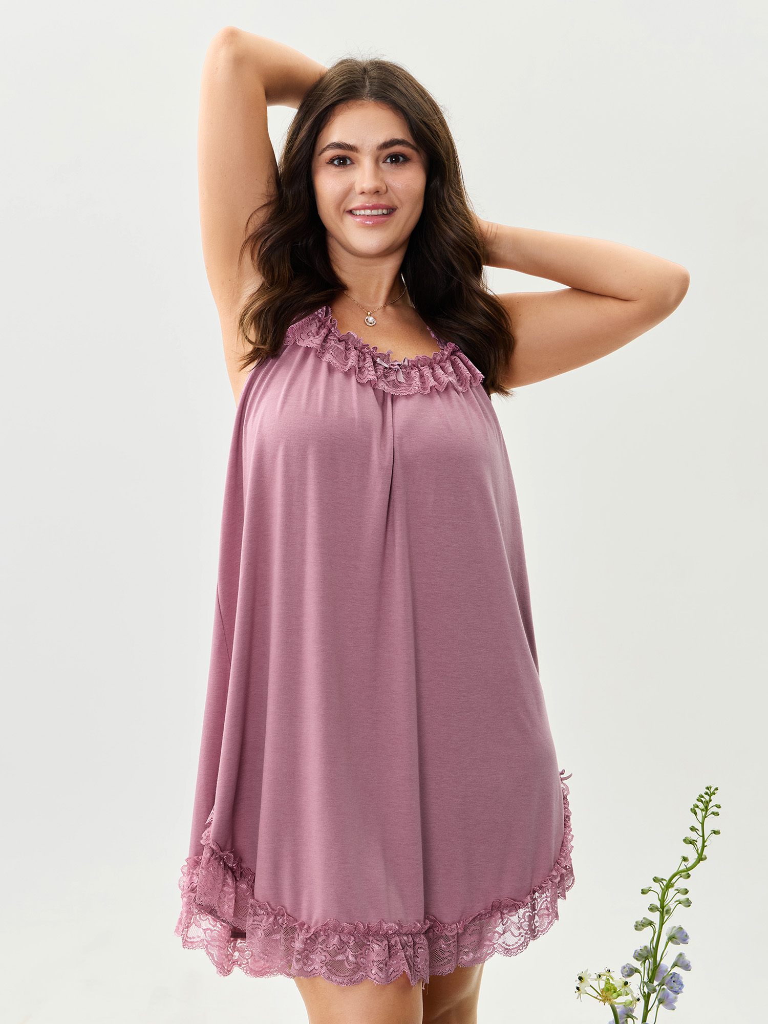 Side view of BloomChic Women's Plus Size Supersoft Ruffled Lace Flowy Nightgown Beanpastepowder Sleeveless Sweetheart Neck 30/6X