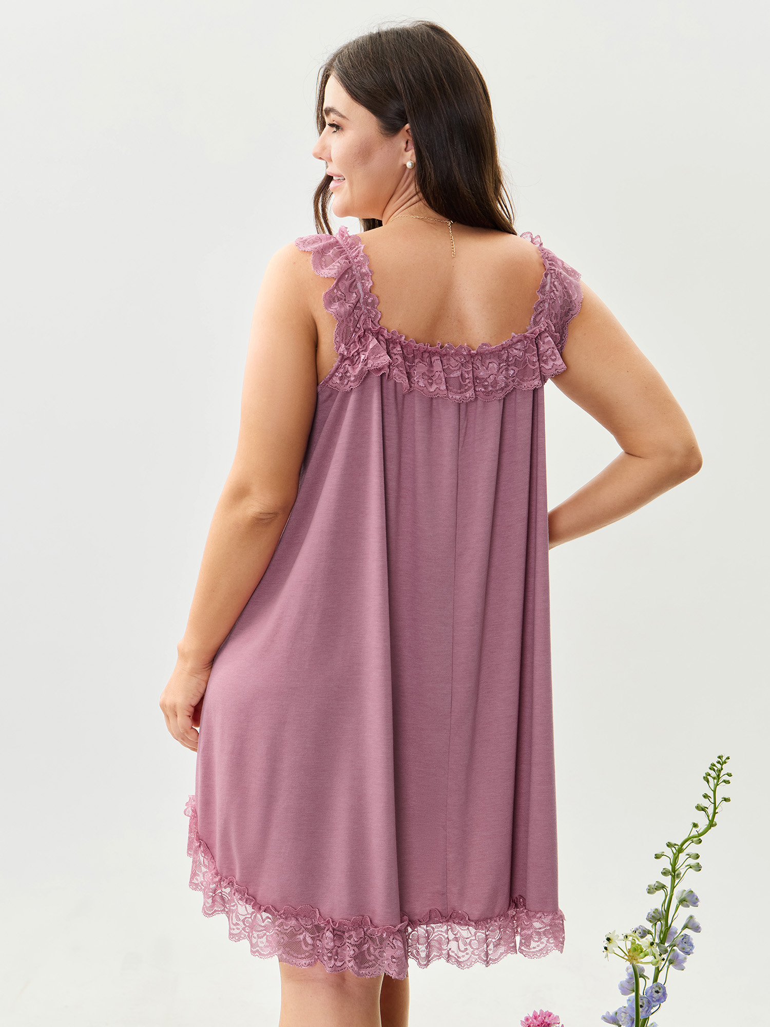 Side view of BloomChic Women's Plus Size Supersoft Ruffled Lace Flowy Nightgown Beanpastepowder Sleeveless Sweetheart Neck 30/6X