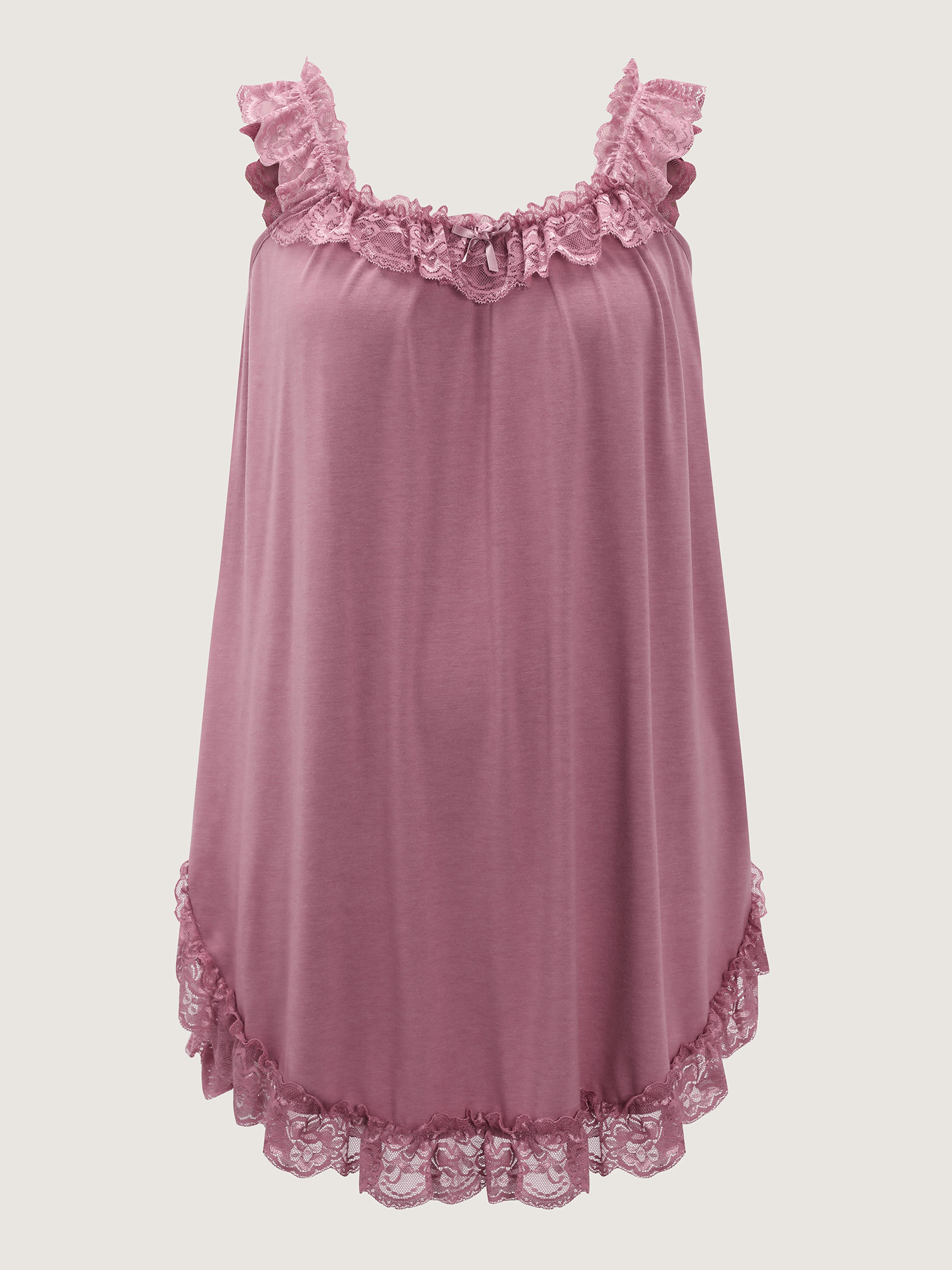 Side view of BloomChic Women's Plus Size Supersoft Ruffled Lace Flowy Nightgown Beanpastepowder Sleeveless Sweetheart Neck 30/6X
