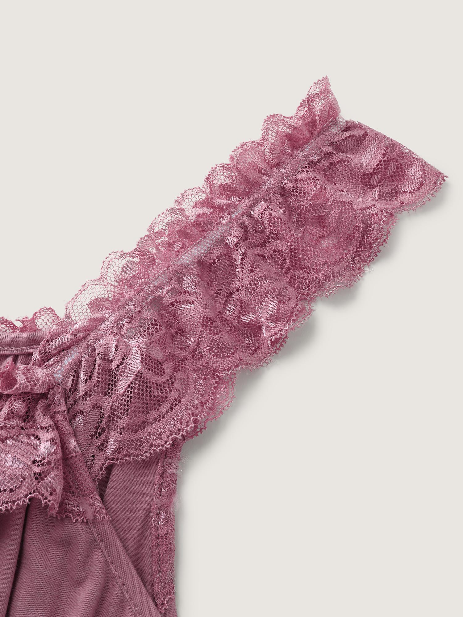 Side view of BloomChic Women's Plus Size Supersoft Ruffled Lace Flowy Nightgown Beanpastepowder Sleeveless Sweetheart Neck 30/6X