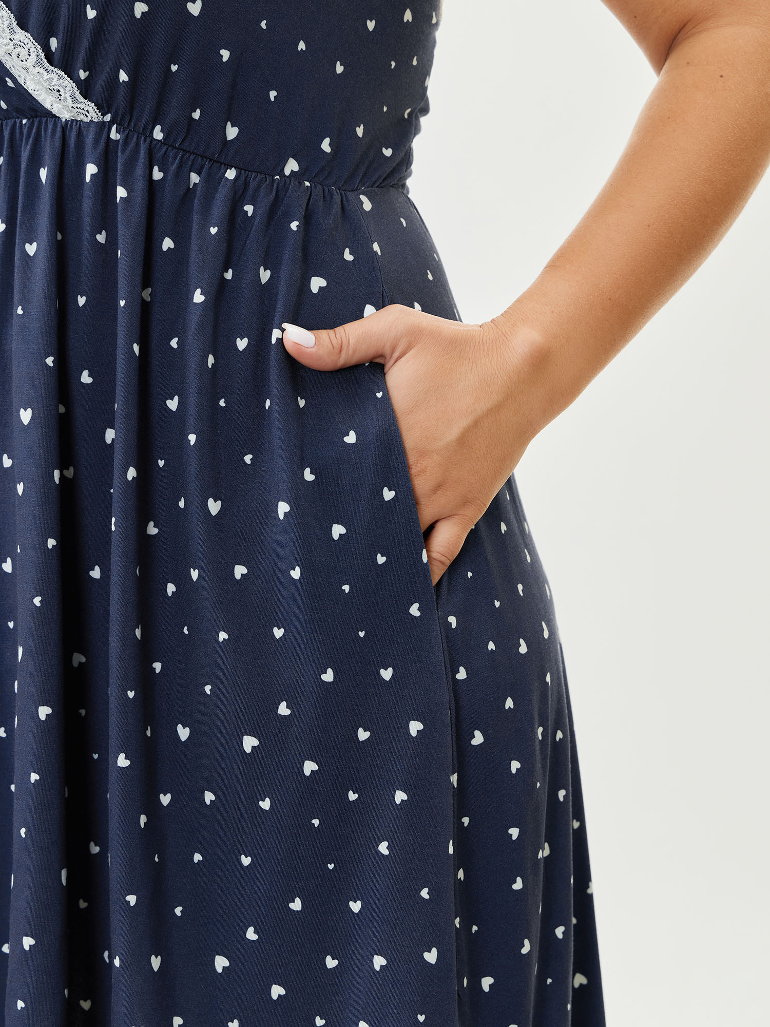 Side view of BloomChic Women's Plus Size Stretchy Mini Hearts Halter Neck Nightgown DarkBlue Sleeveless Mini Halter Neck 30/6X
