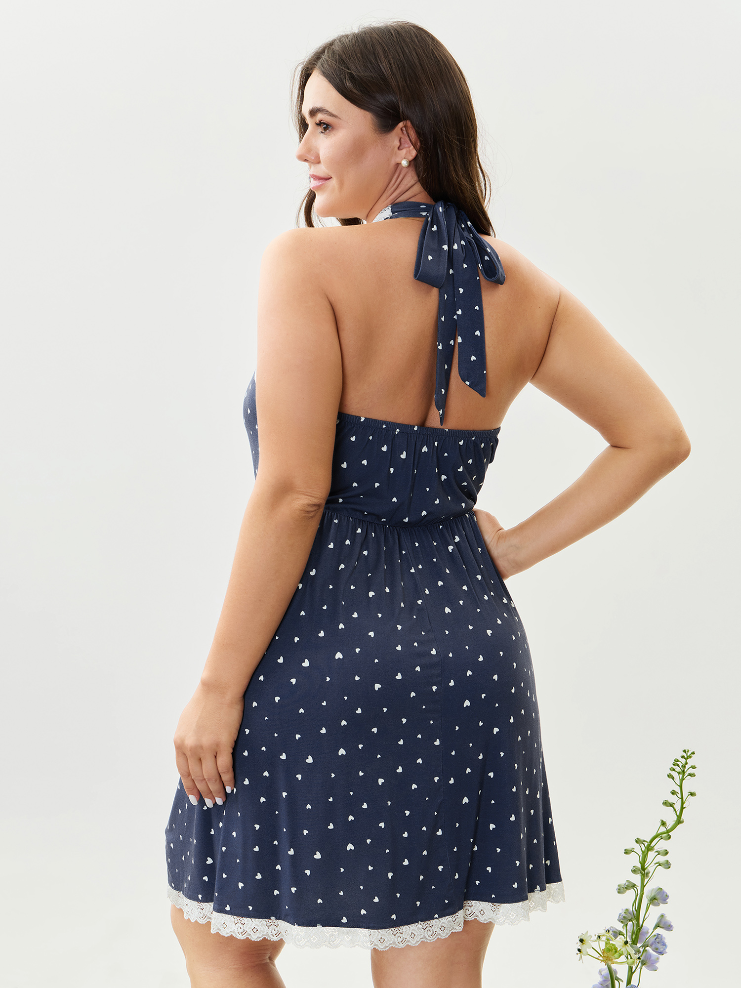 Side view of BloomChic Women's Plus Size Stretchy Mini Hearts Halter Neck Nightgown DarkBlue Sleeveless Mini Halter Neck 30/6X
