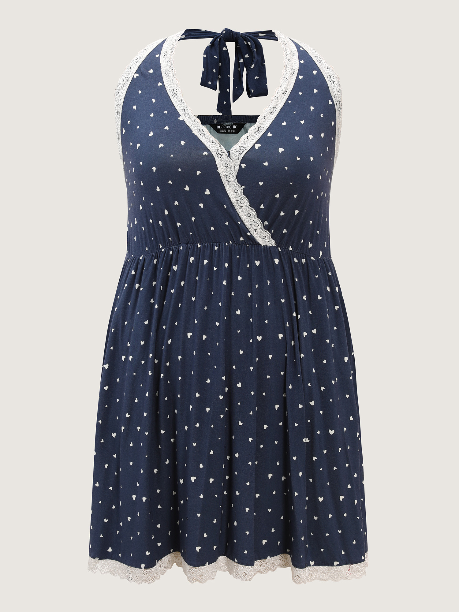 Side view of BloomChic Women's Plus Size Stretchy Mini Hearts Halter Neck Nightgown DarkBlue Sleeveless Mini Halter Neck 30/6X