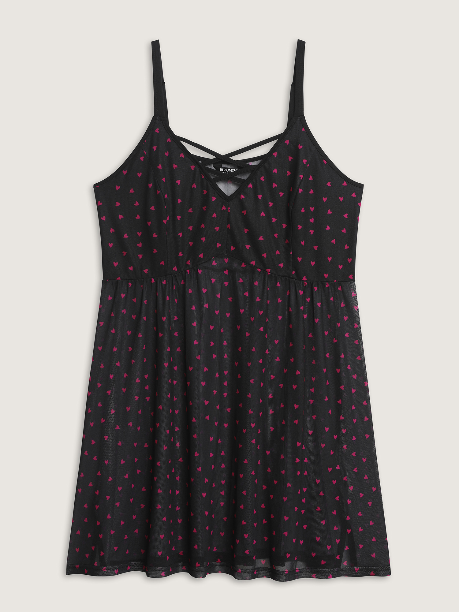 Side view of BloomChic Women's Plus Size Sweetheart Print Sheer Crisscross Neckline Nightgown Black Sleeveless Tunic 12/L