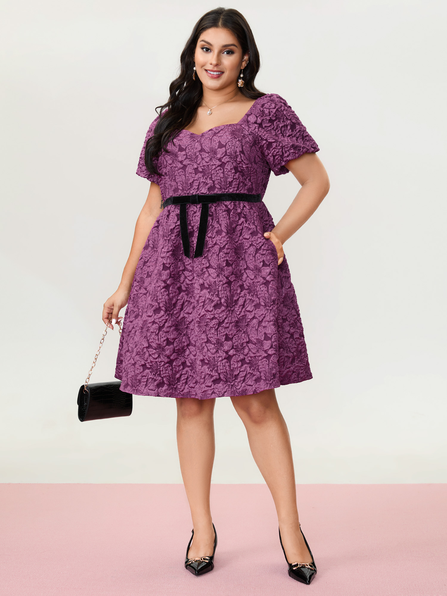 BloomChic Plus Size Jacquard Bow-Tie Shirred Mini Dress - Curve Ladies Deeppurplered Elegant Short sleeve Solid Side Pocket Daily Dresses 14/M