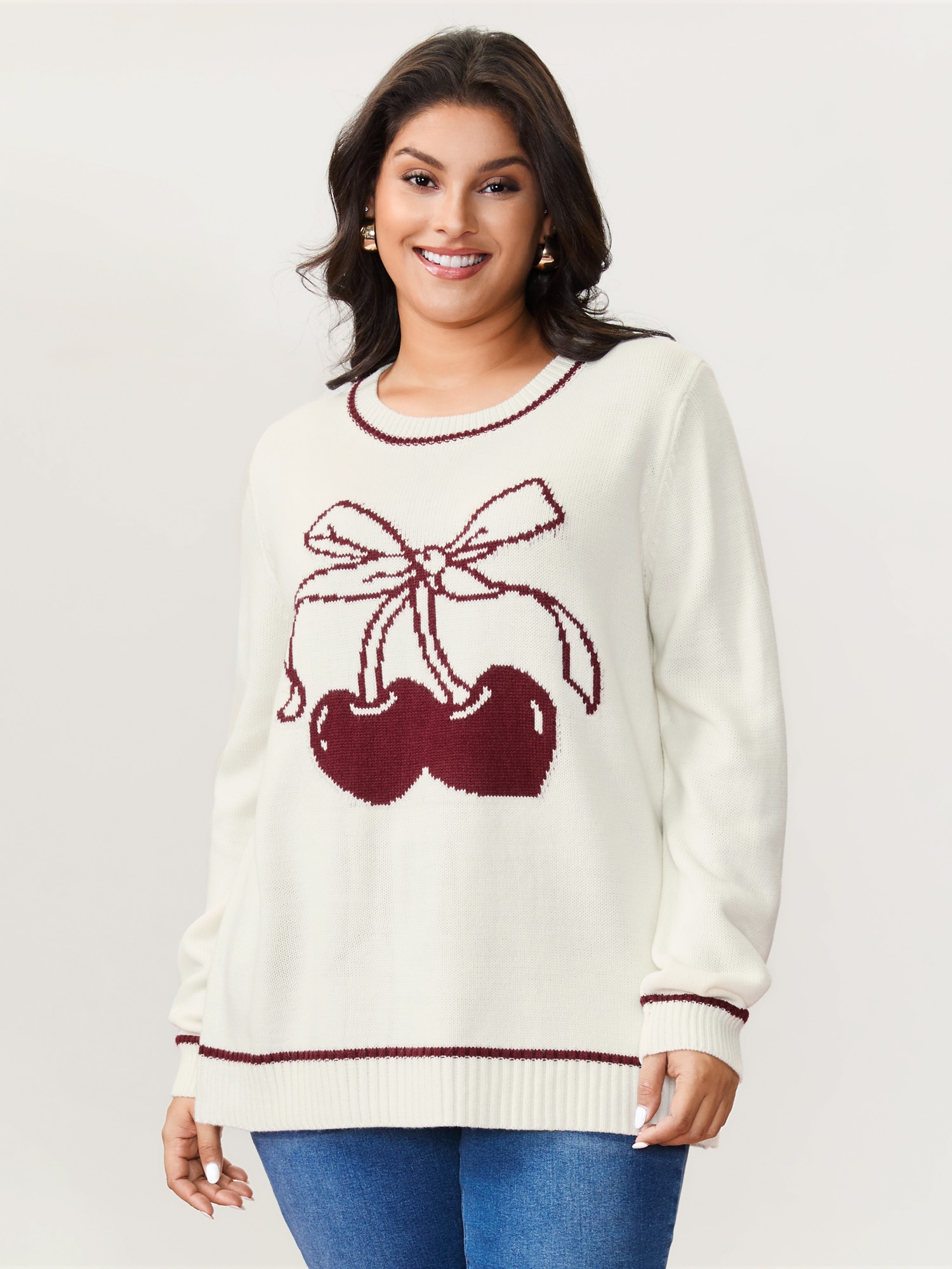 BloomChic Women's Plus Size Cherry Pattern Jacquard Color Contrast Pullover Originalwhite Graphic-Valentine Long Sleeve Round Neck 10/M