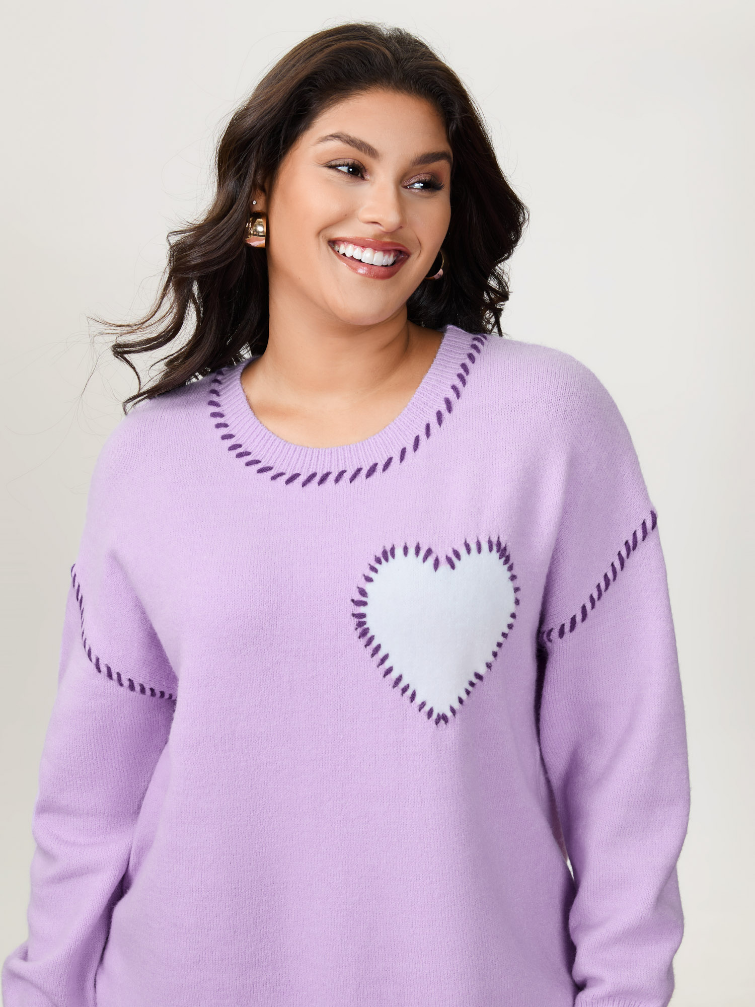BloomChic Women's Plus Size Heart Pattern Jacquard Color Contrast Stitch Pullover Lilac not graphics Long Sleeve Round Neck 10/M