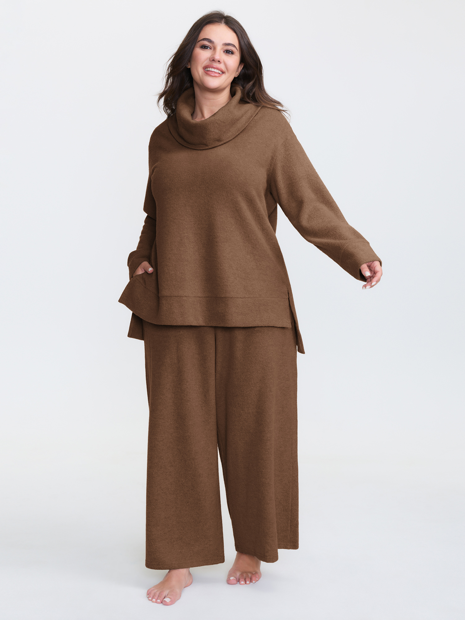 Side view of BloomChic Women's Plus Size Turtleneck Snuggle-Worthy Loungewear Set DarkBrown Solid Long Sleeve Non 30/6X
