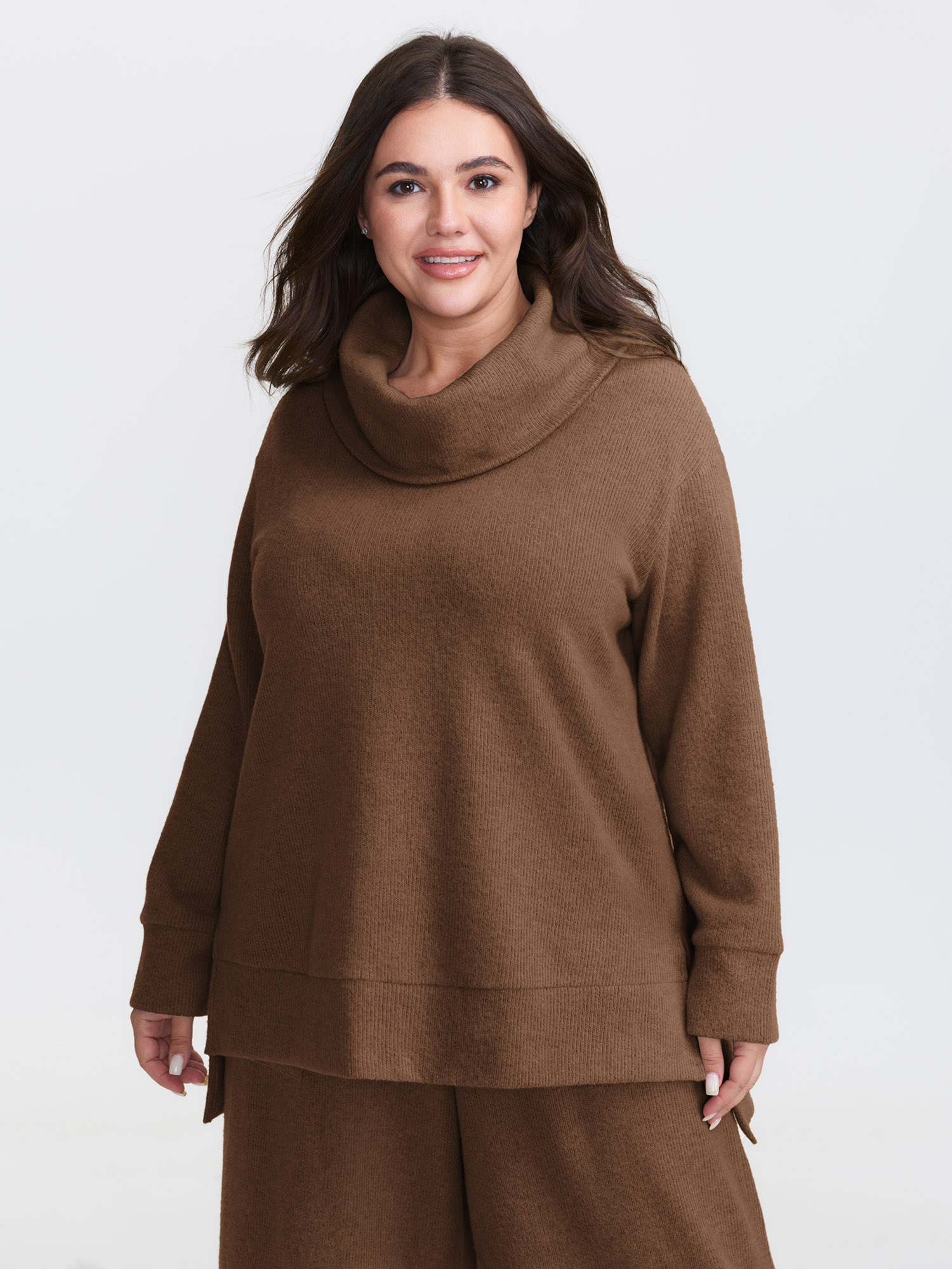 Side view of BloomChic Women's Plus Size Turtleneck Snuggle-Worthy Loungewear Set DarkBrown Solid Long Sleeve Non 30/6X