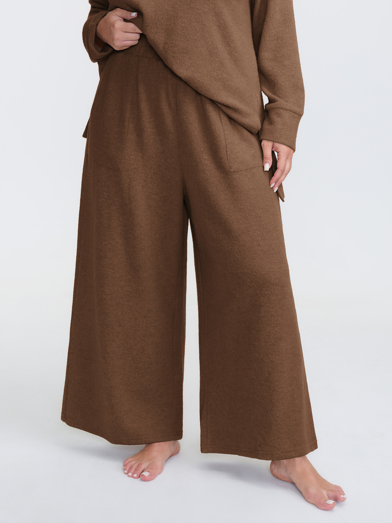 Side view of BloomChic Women's Plus Size Turtleneck Snuggle-Worthy Loungewear Set DarkBrown Solid Long Sleeve Non 30/6X