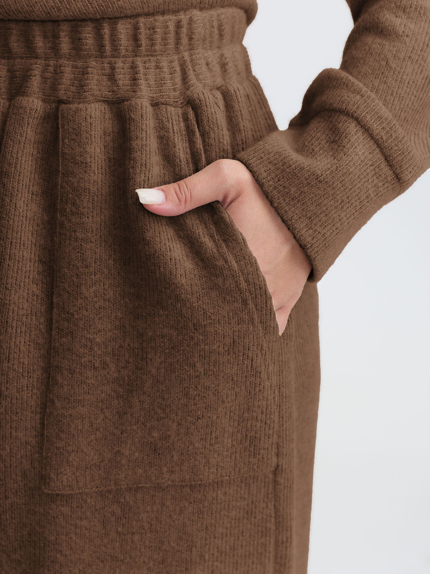Side view of BloomChic Women's Plus Size Turtleneck Snuggle-Worthy Loungewear Set DarkBrown Solid Long Sleeve Non 30/6X