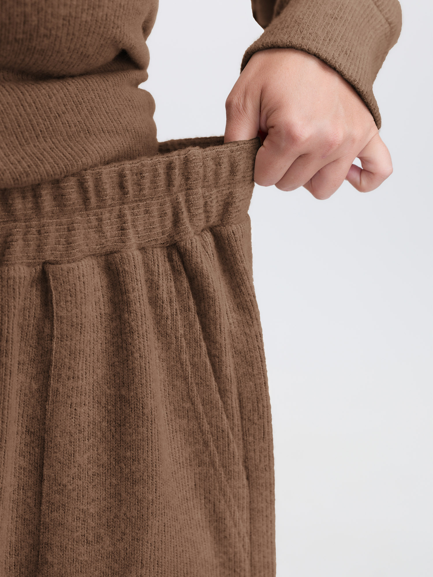 Side view of BloomChic Women's Plus Size Turtleneck Snuggle-Worthy Loungewear Set DarkBrown Solid Long Sleeve Non 30/6X