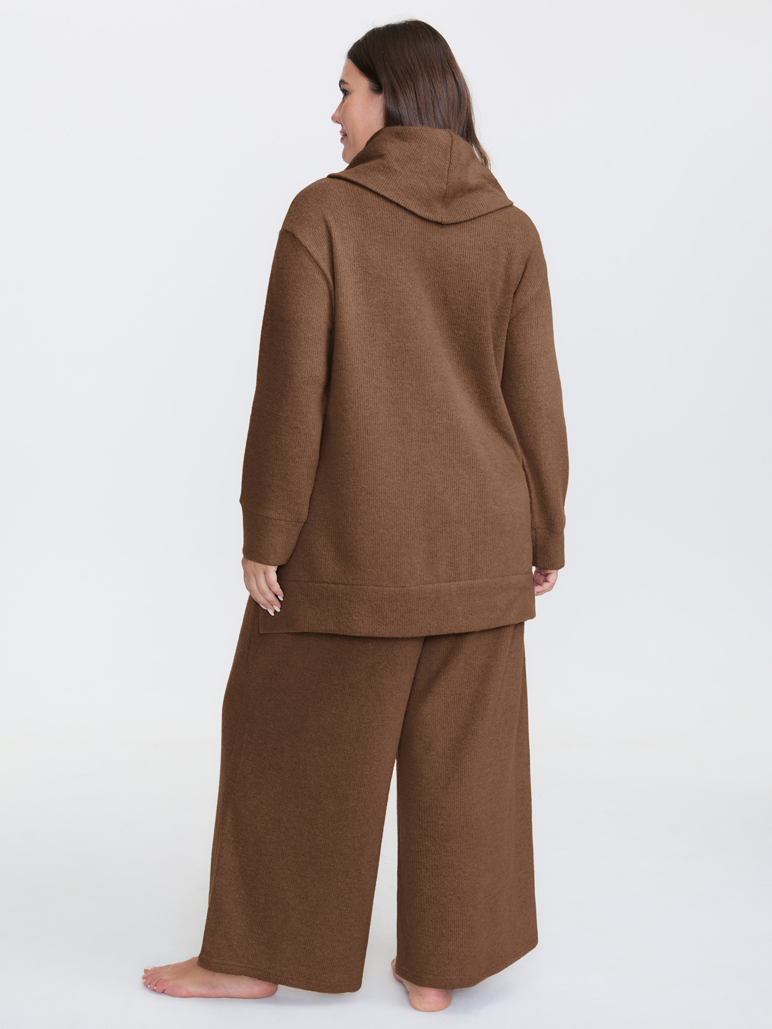 Side view of BloomChic Women's Plus Size Turtleneck Snuggle-Worthy Loungewear Set DarkBrown Solid Long Sleeve Non 30/6X