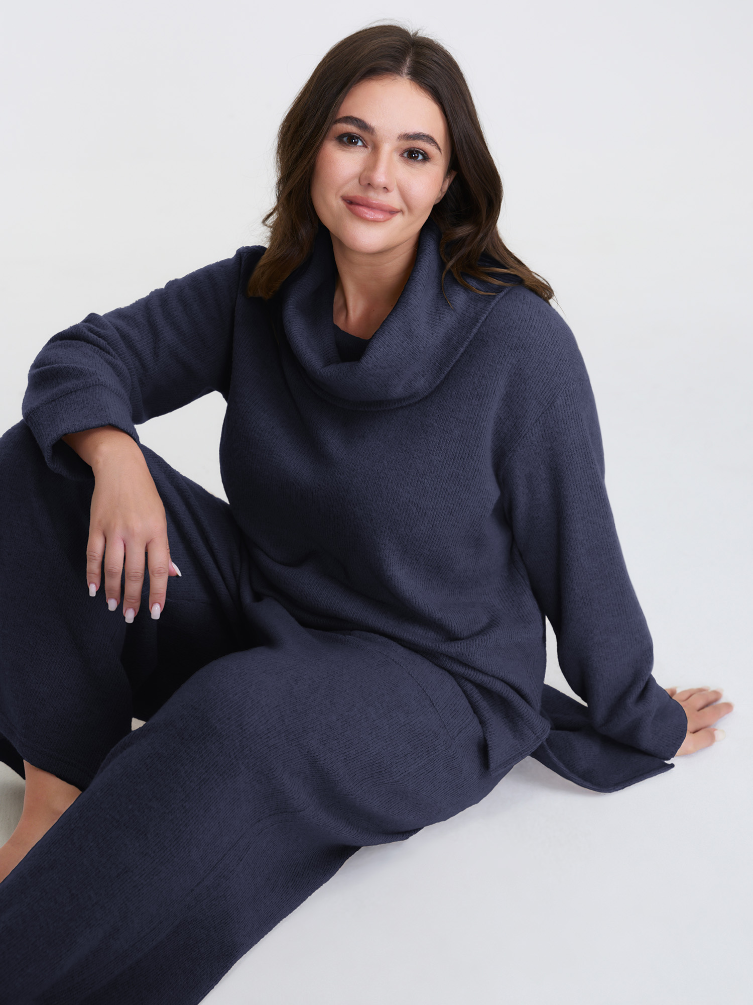 BloomChic Women's Plus Size Turtleneck Snuggle-Worthy Loungewear Set Indigo Solid Long Sleeve Non 30/6X-image-47783069352106