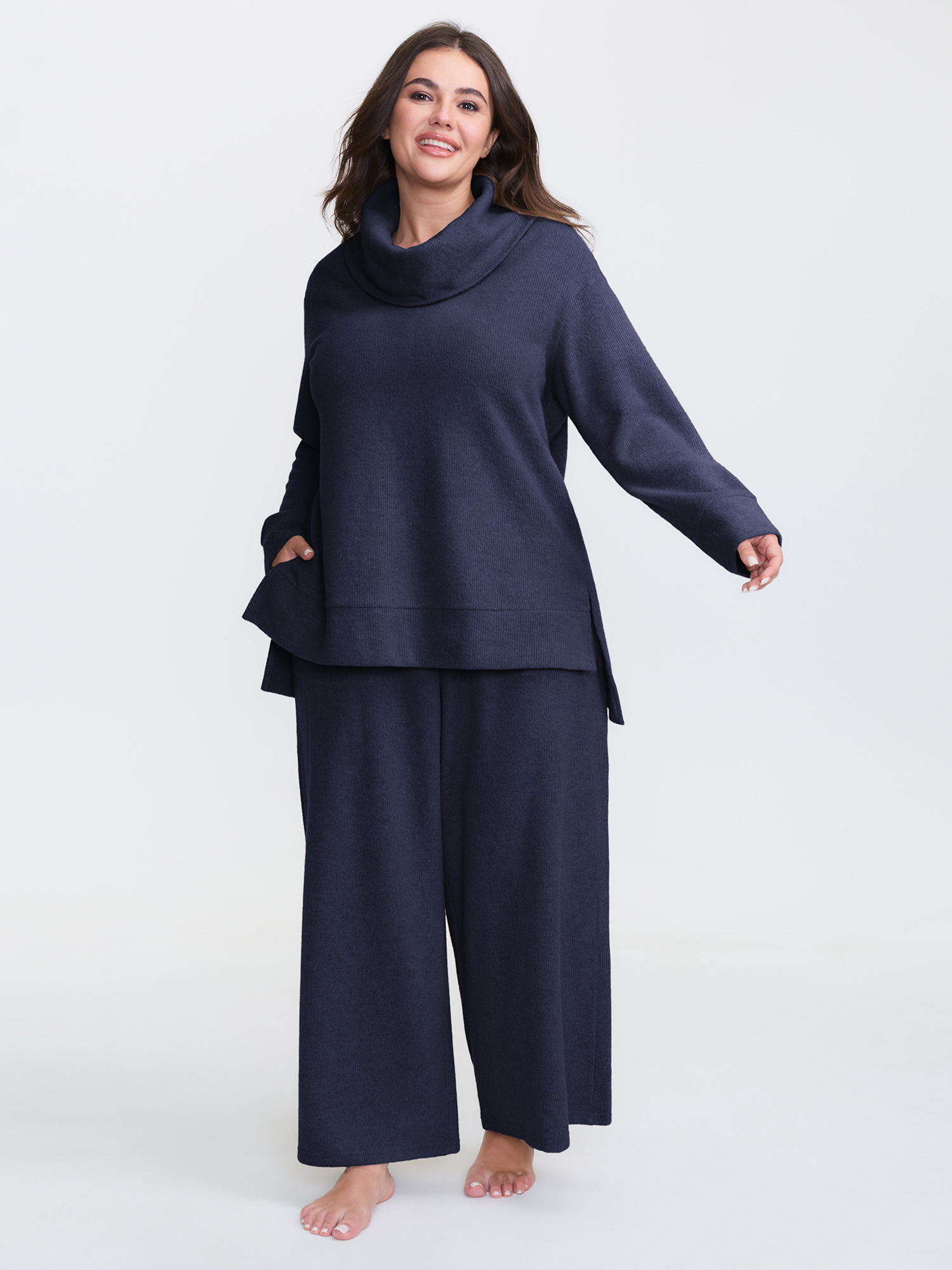 Side view of BloomChic Women's Plus Size Turtleneck Snuggle-Worthy Loungewear Set Indigo Solid Long Sleeve Non 28/5X
