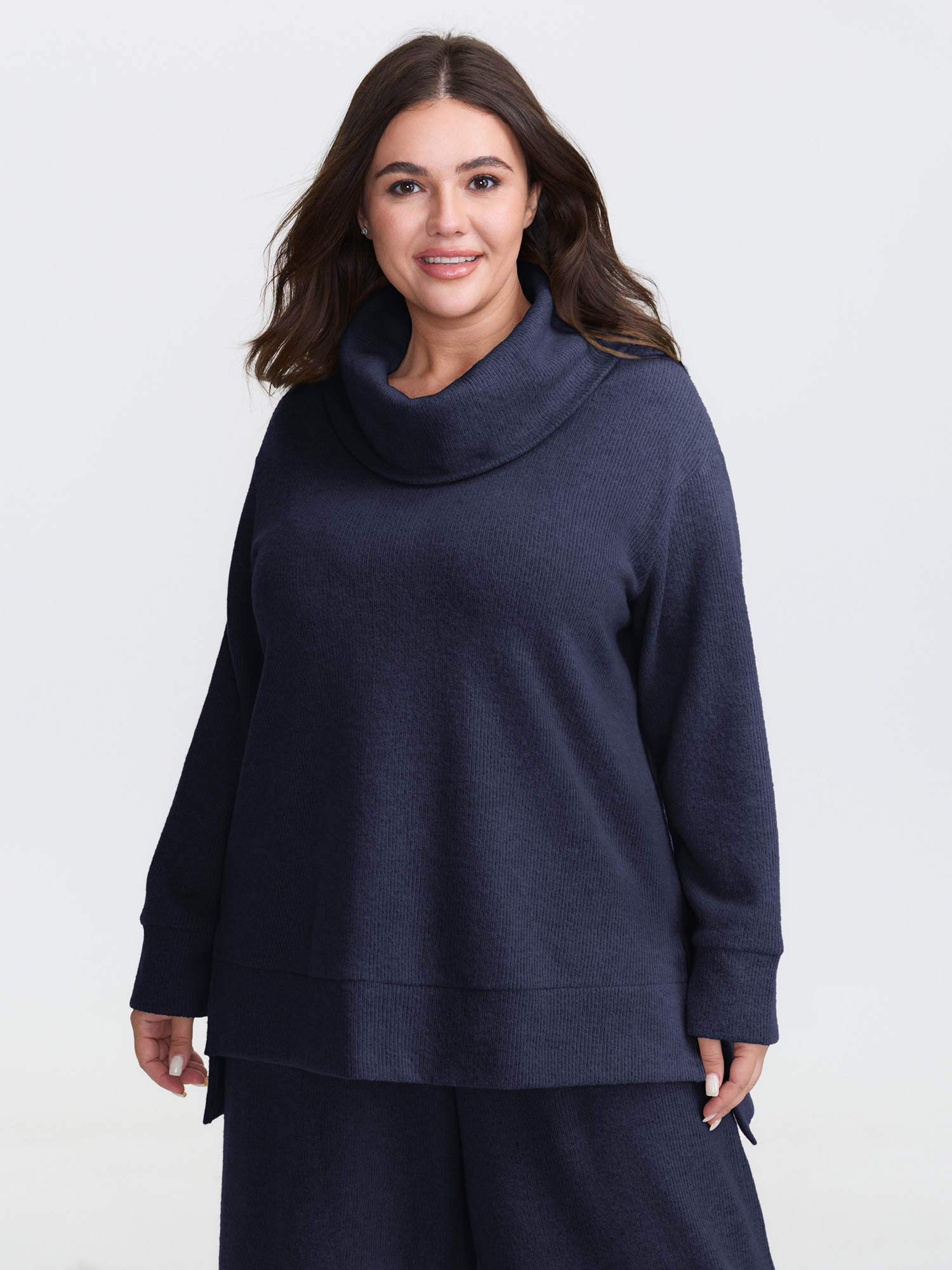 Side view of BloomChic Women's Plus Size Turtleneck Snuggle-Worthy Loungewear Set Indigo Solid Long Sleeve Non 28/5X