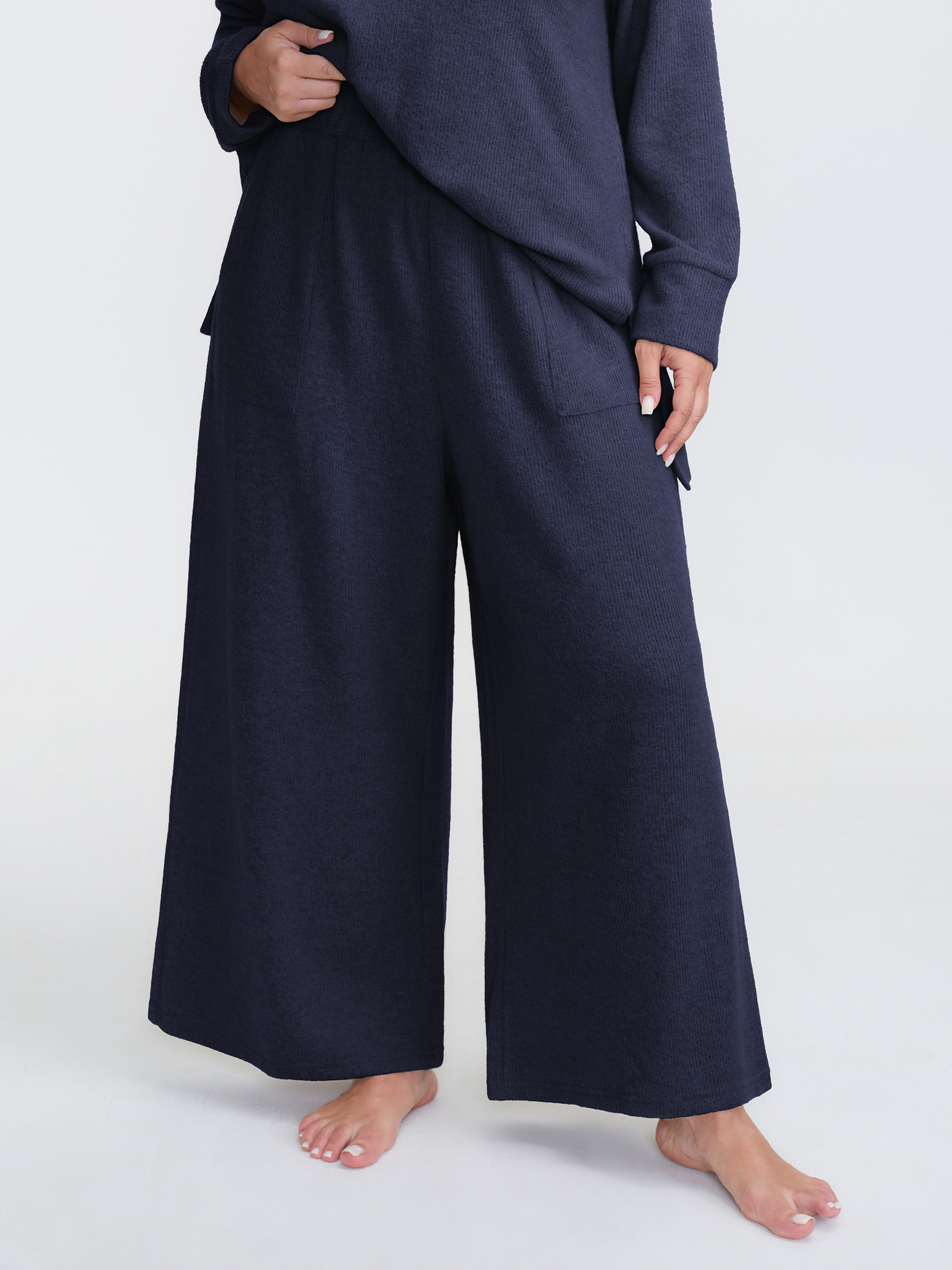 Side view of BloomChic Women's Plus Size Turtleneck Snuggle-Worthy Loungewear Set Indigo Solid Long Sleeve Non 28/5X