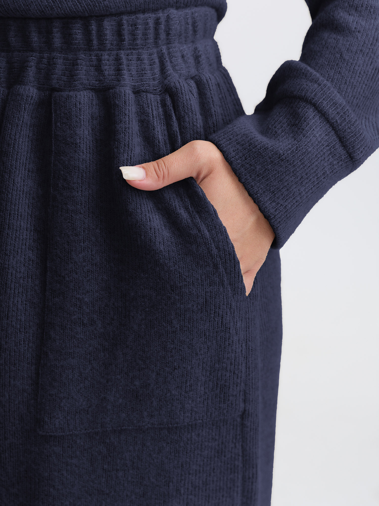 Side view of BloomChic Women's Plus Size Turtleneck Snuggle-Worthy Loungewear Set Indigo Solid Long Sleeve Non 28/5X