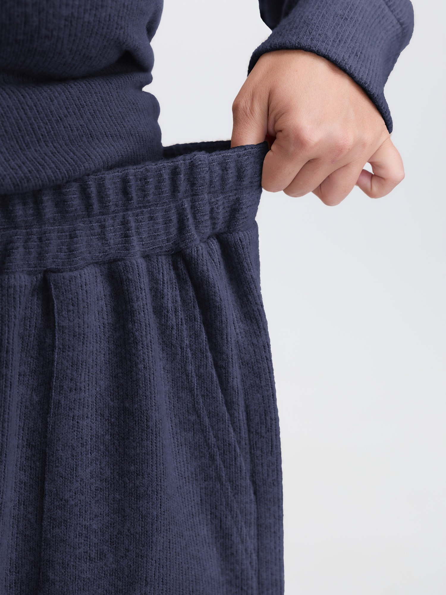 Side view of BloomChic Women's Plus Size Turtleneck Snuggle-Worthy Loungewear Set Indigo Solid Long Sleeve Non 28/5X