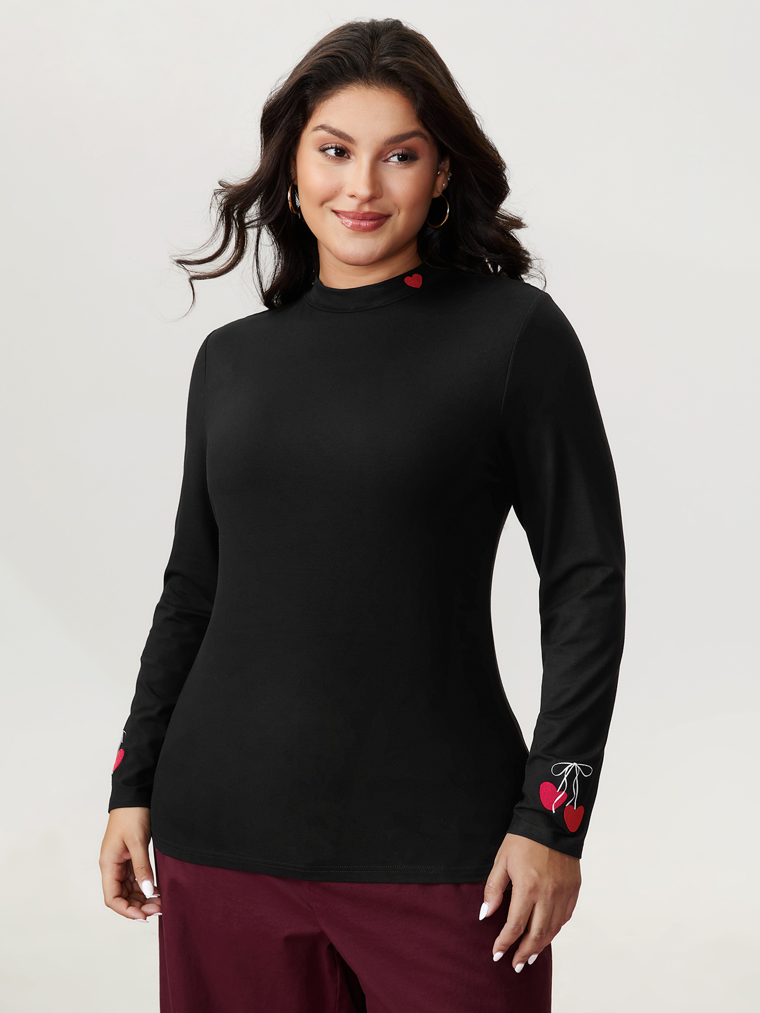 BloomChic Plus Size Supersoft Twin Hearts Embroidery Fitted T-Shirt - Women's Black Solid Round Neck Comfort Midsection Fit Long Sleeve Playful T-shirts 14/M