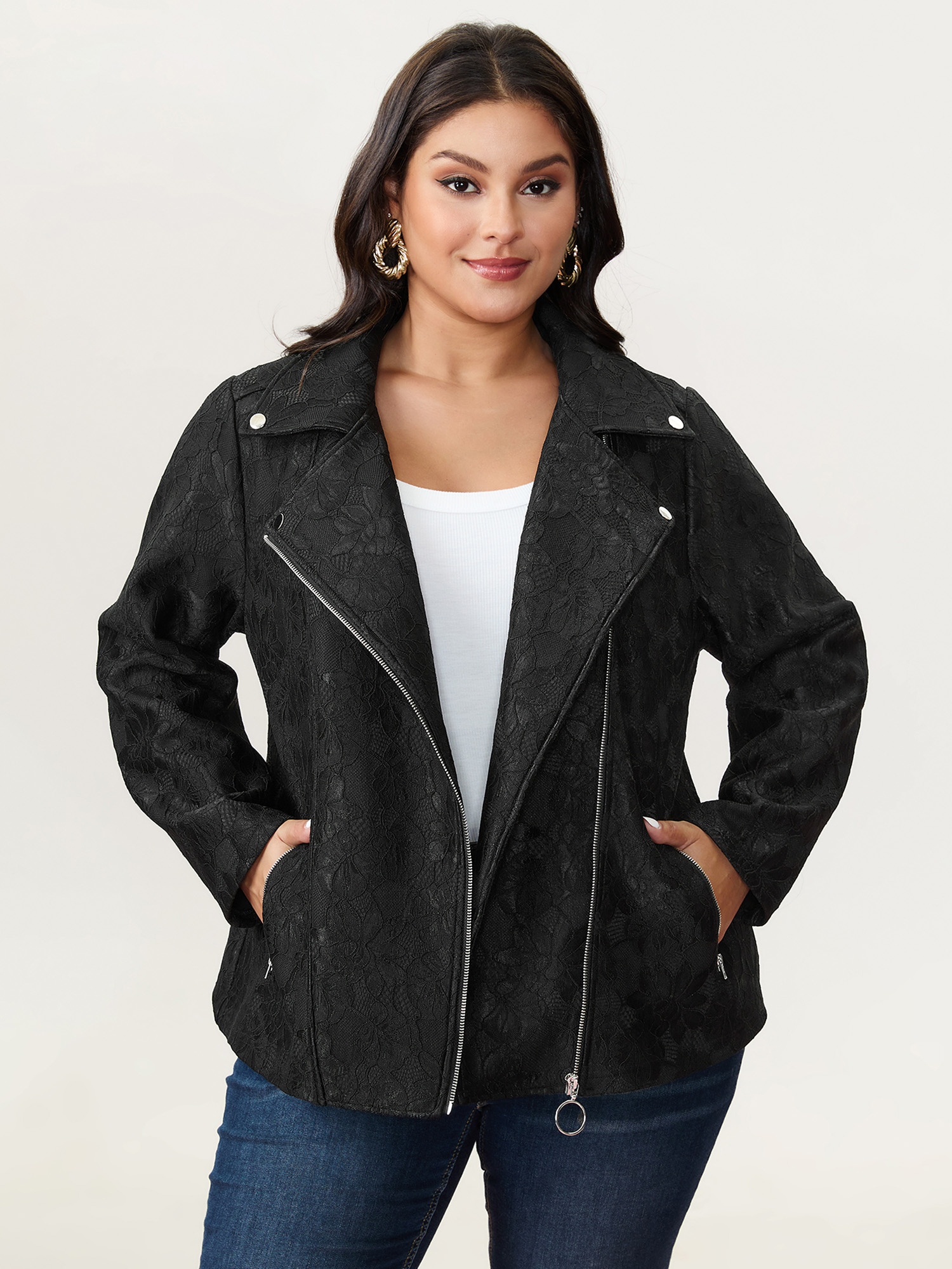 BloomChic Plus Size Lace Mesh Pocket Zipper Jacket - Curve Women's Winterwear- Black Length Straight fit Jackets 14/M