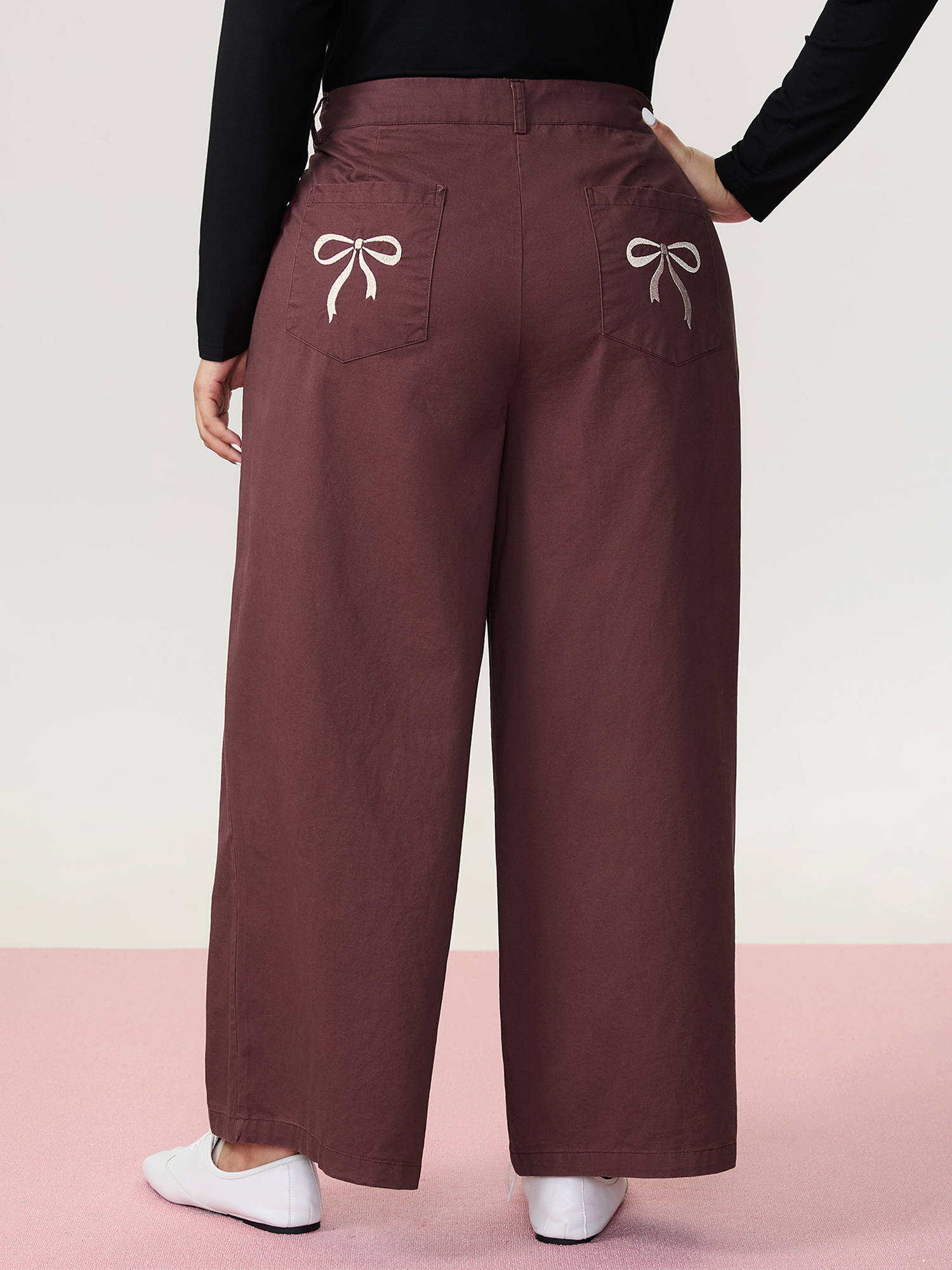 BloomChic Women's Plus Size Cotton Bow Embroidery Pockets Plain Pants Plum Solid Straight fit Mid Rise 10/M