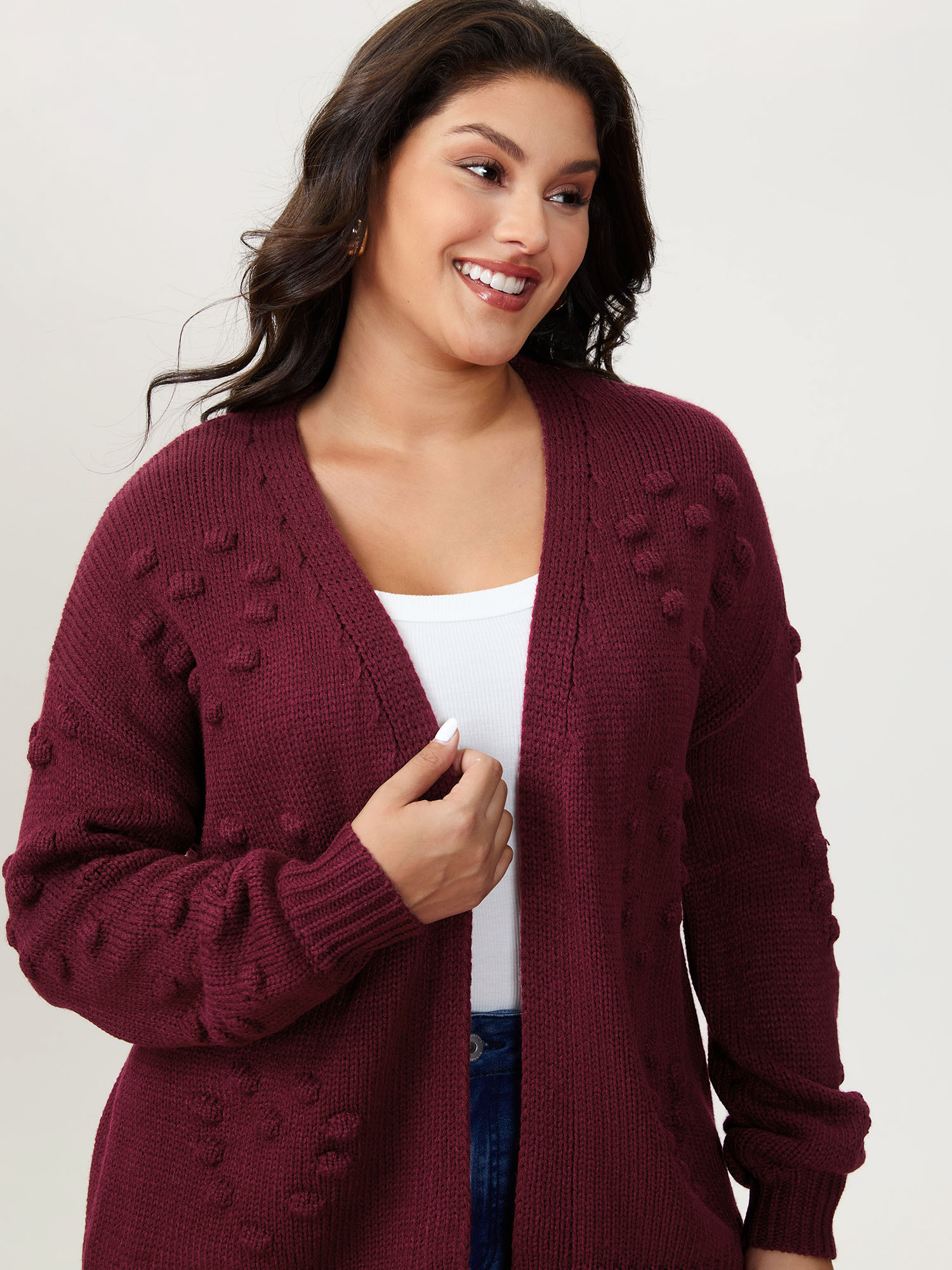 BloomChic Women's Plus Size Heart Textured Lantern Sleeve Knit Cardigan Burgundy Long Sleeve V-Neck 10/M