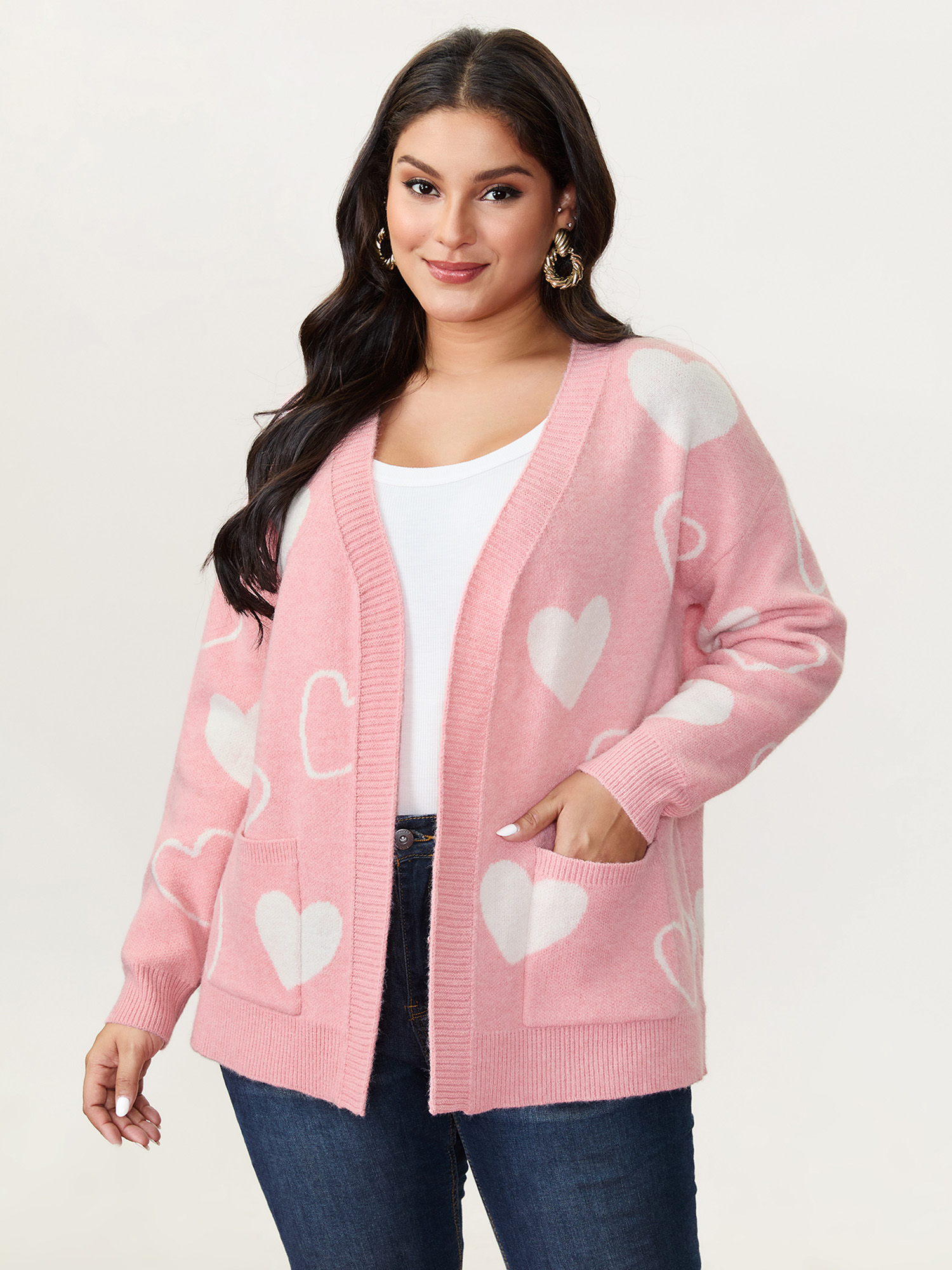 BloomChic Women's Plus Size In Love Pockets Front-Open Knit Cardigan Blush Long Sleeve V-Neck 10/M