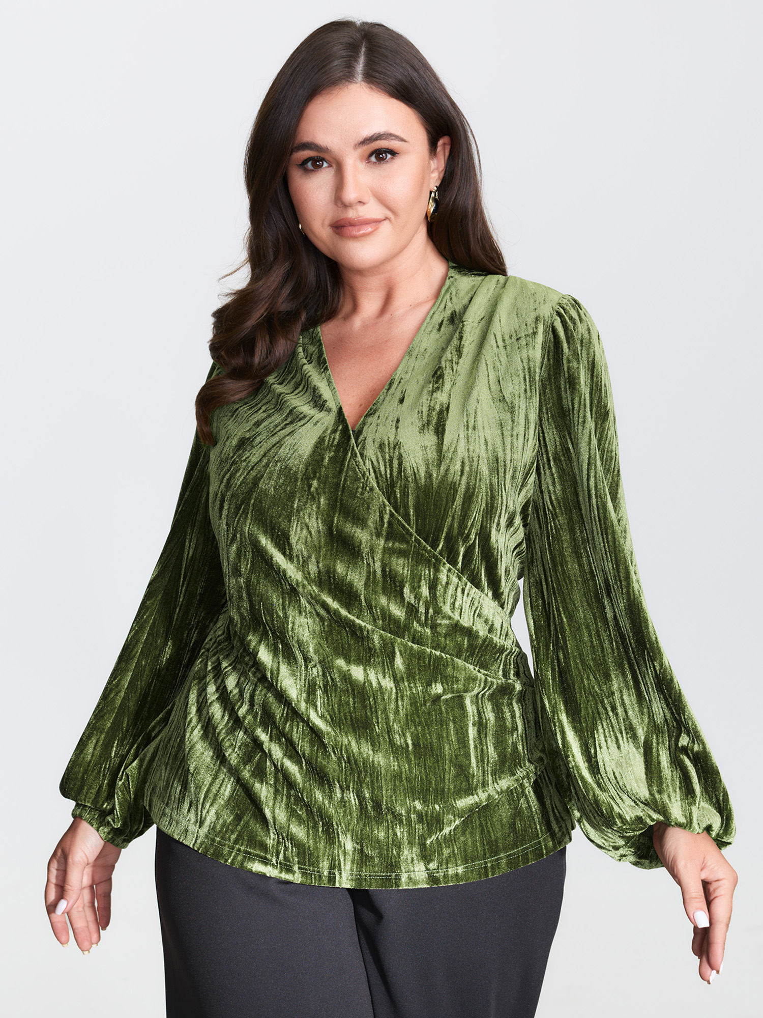 BloomChic Women's Plus Size Textured Velvet Drape Neckline Blouse DarkGreen Solid Everyday-Elegant Long Sleeve V-Neck 10/M